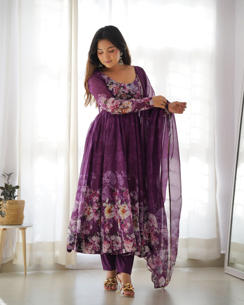 Digitally Pure Soft Organza Anarkali Suit Set With Huge Flair, Dupatta & Pant