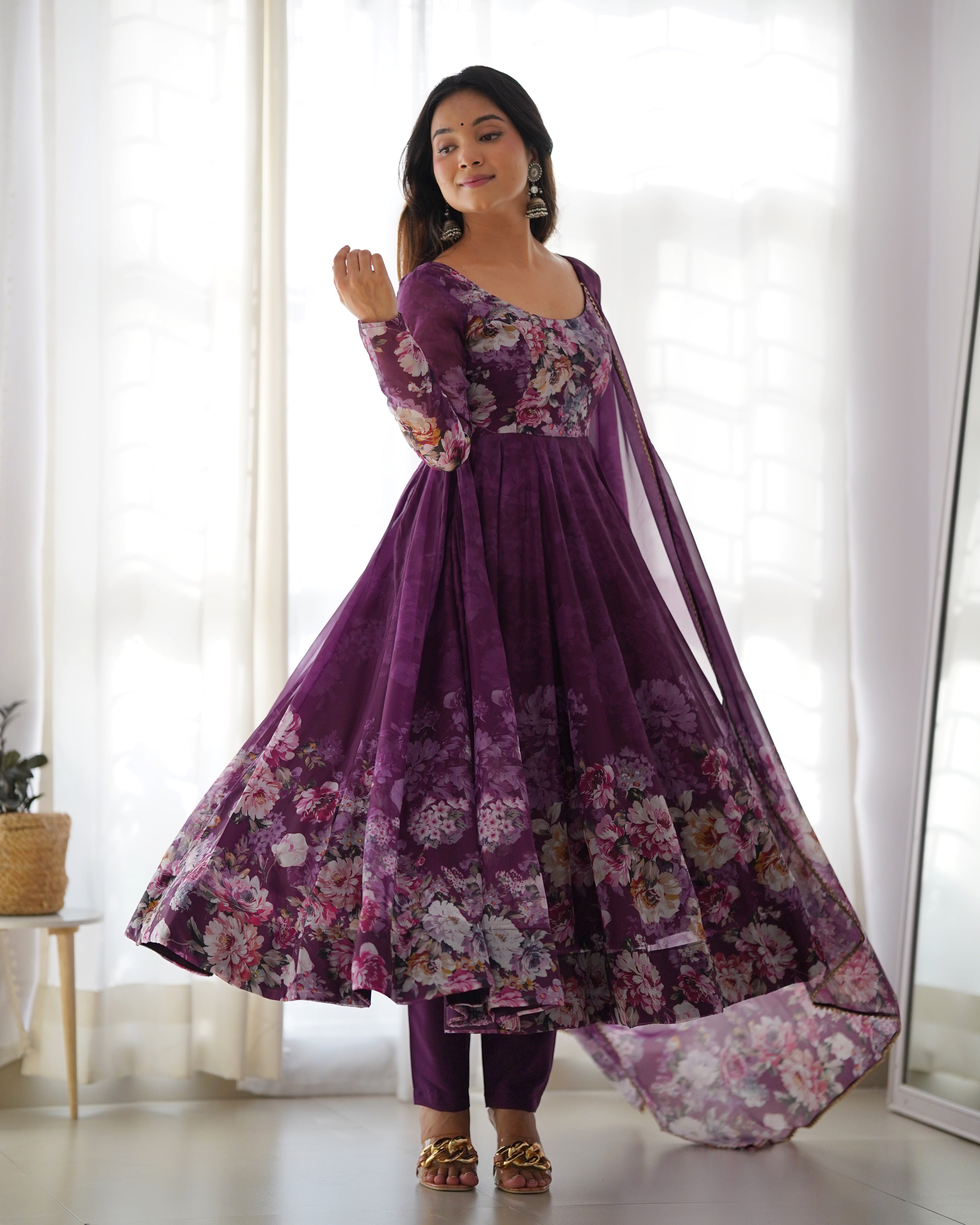 Digitally Pure Soft Organza Anarkali Suit Set With Huge Flair, Dupatta & Pant