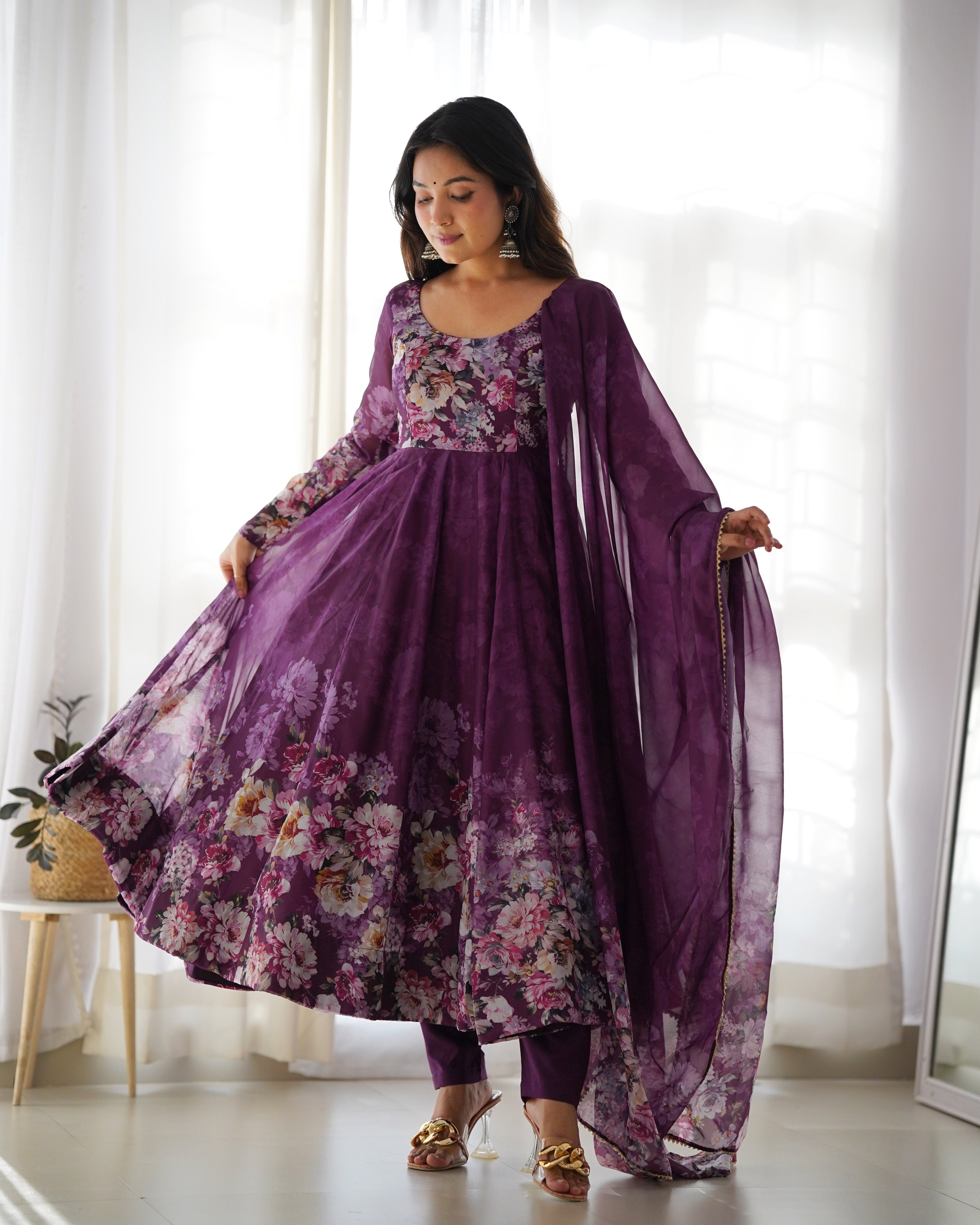 Digitally Pure Soft Organza Anarkali Suit Set With Huge Flair, Dupatta & Pant