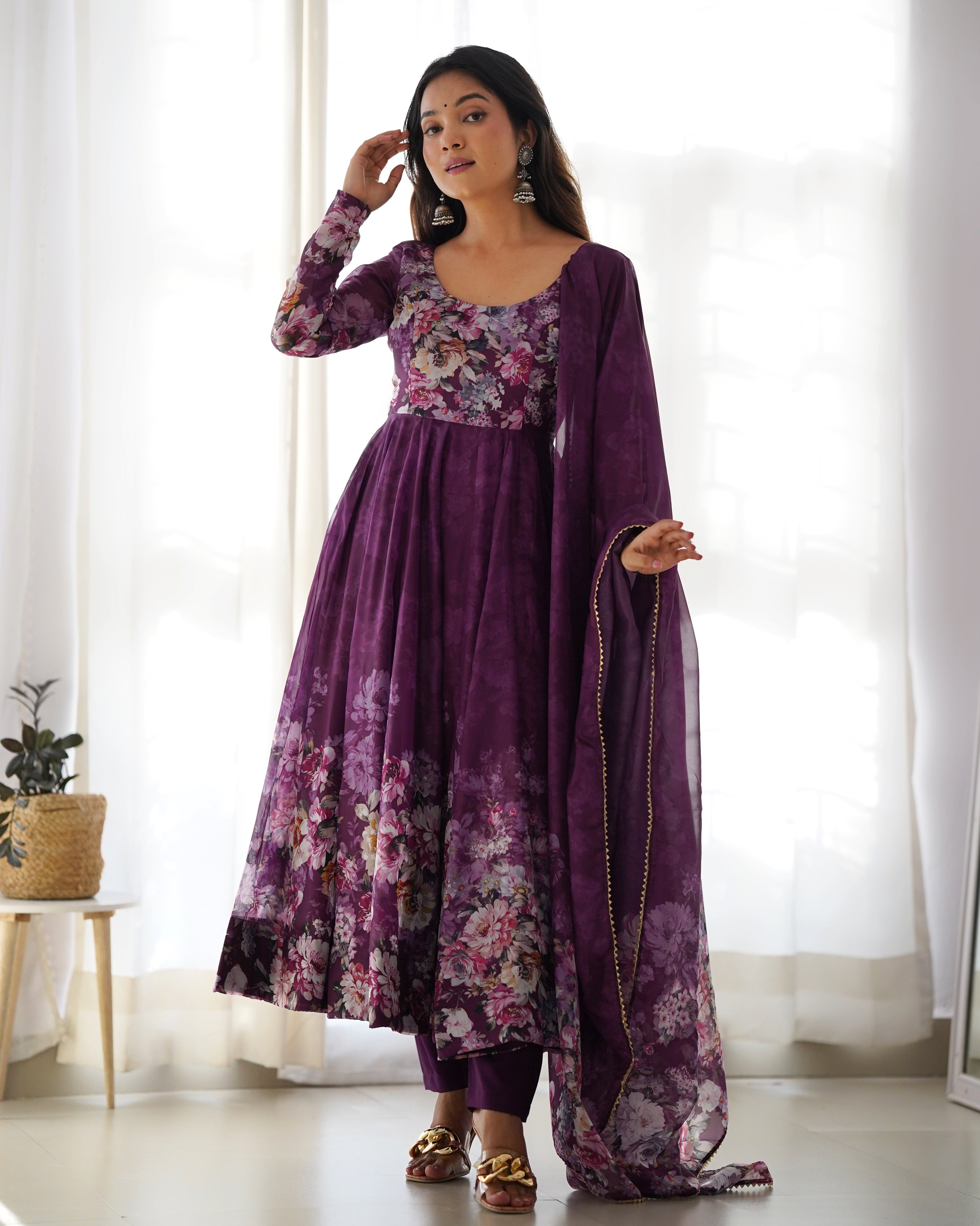 Digitally Pure Soft Organza Anarkali Suit Set With Huge Flair, Dupatta & Pant