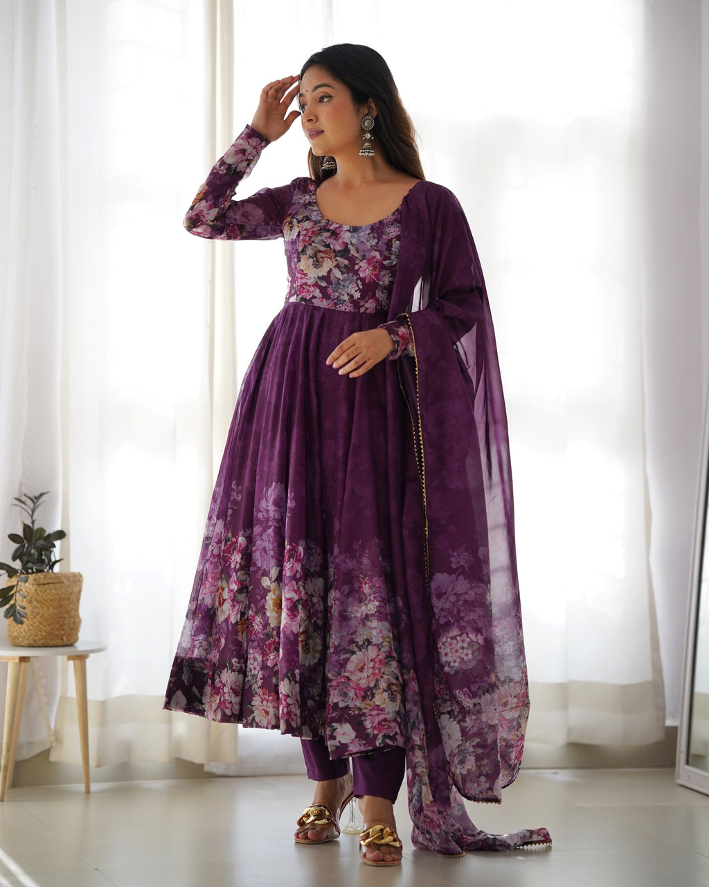 Digitally Pure Soft Organza Anarkali Suit Set With Huge Flair, Dupatta & Pant