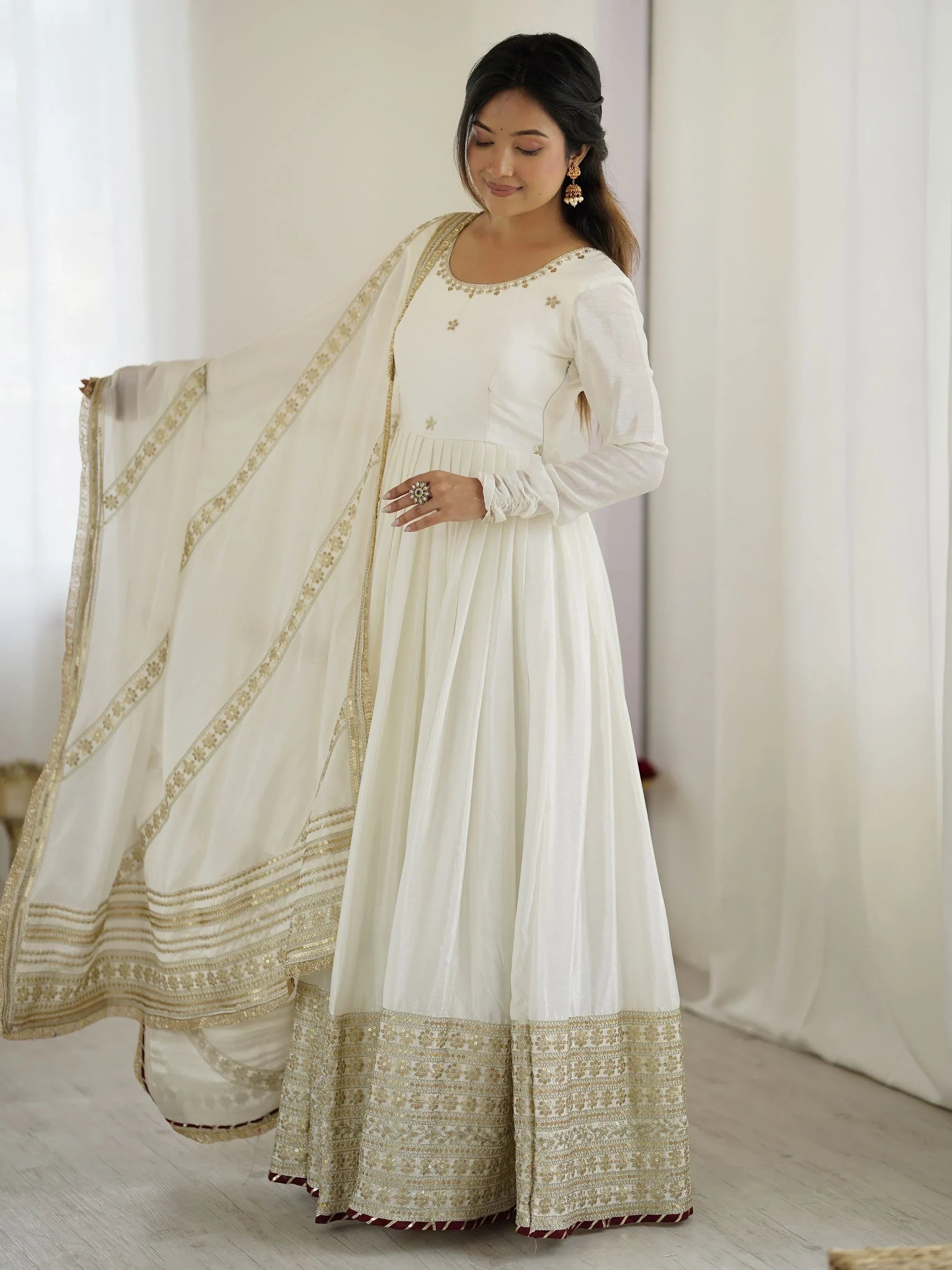 White Outstanding Silk Sequins Embroidered Anarkali Suit