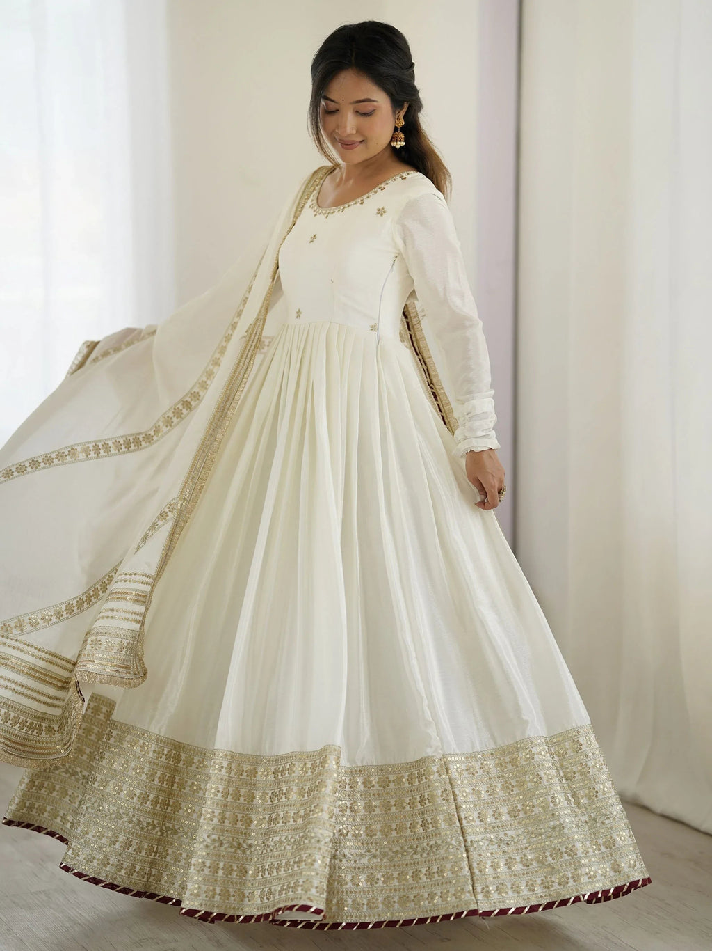 White Outstanding Silk Sequins Embroidered Anarkali Suit