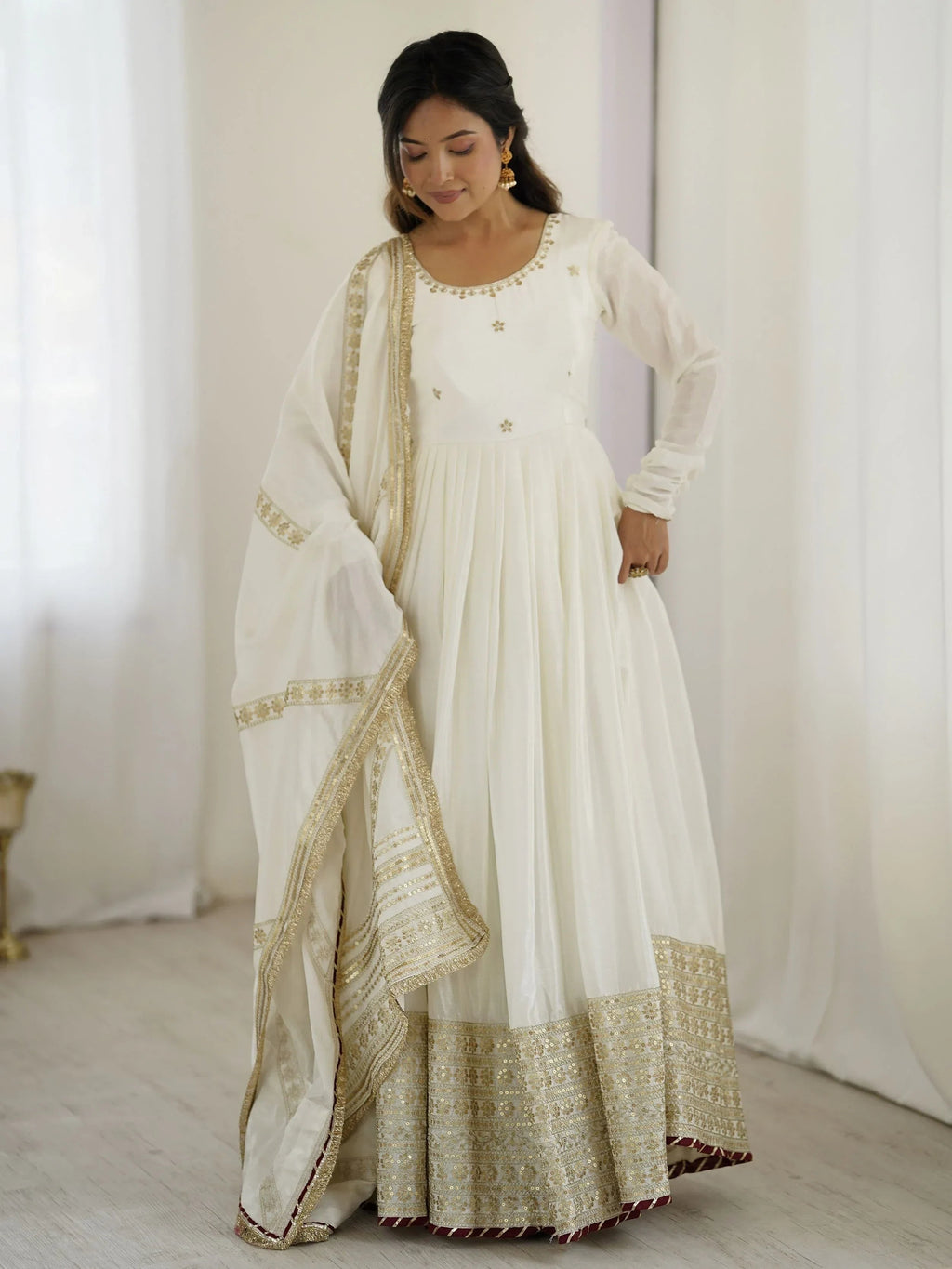 White Outstanding Silk Sequins Embroidered Anarkali Suit
