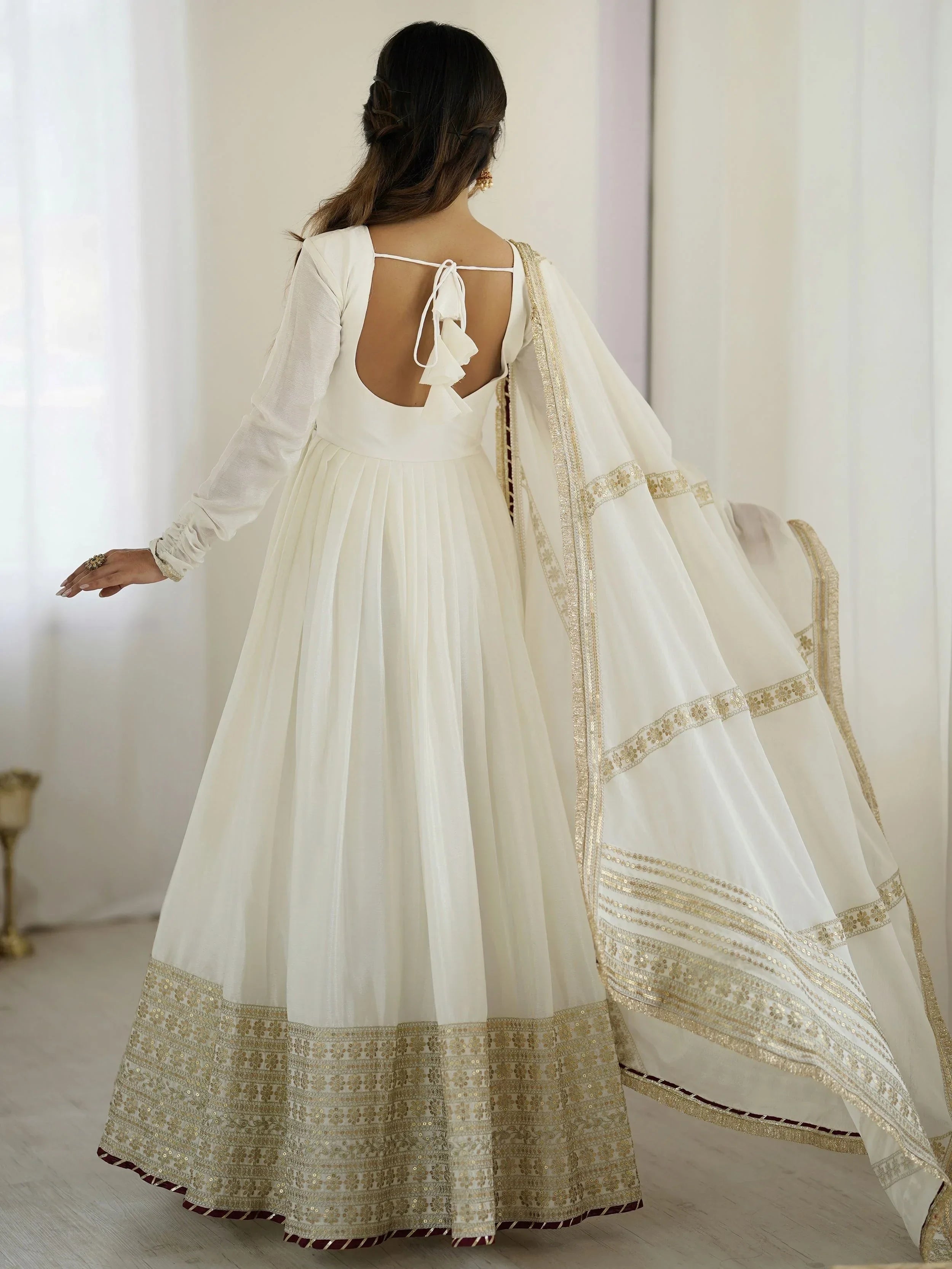White Outstanding Silk Sequins Embroidered Anarkali Suit