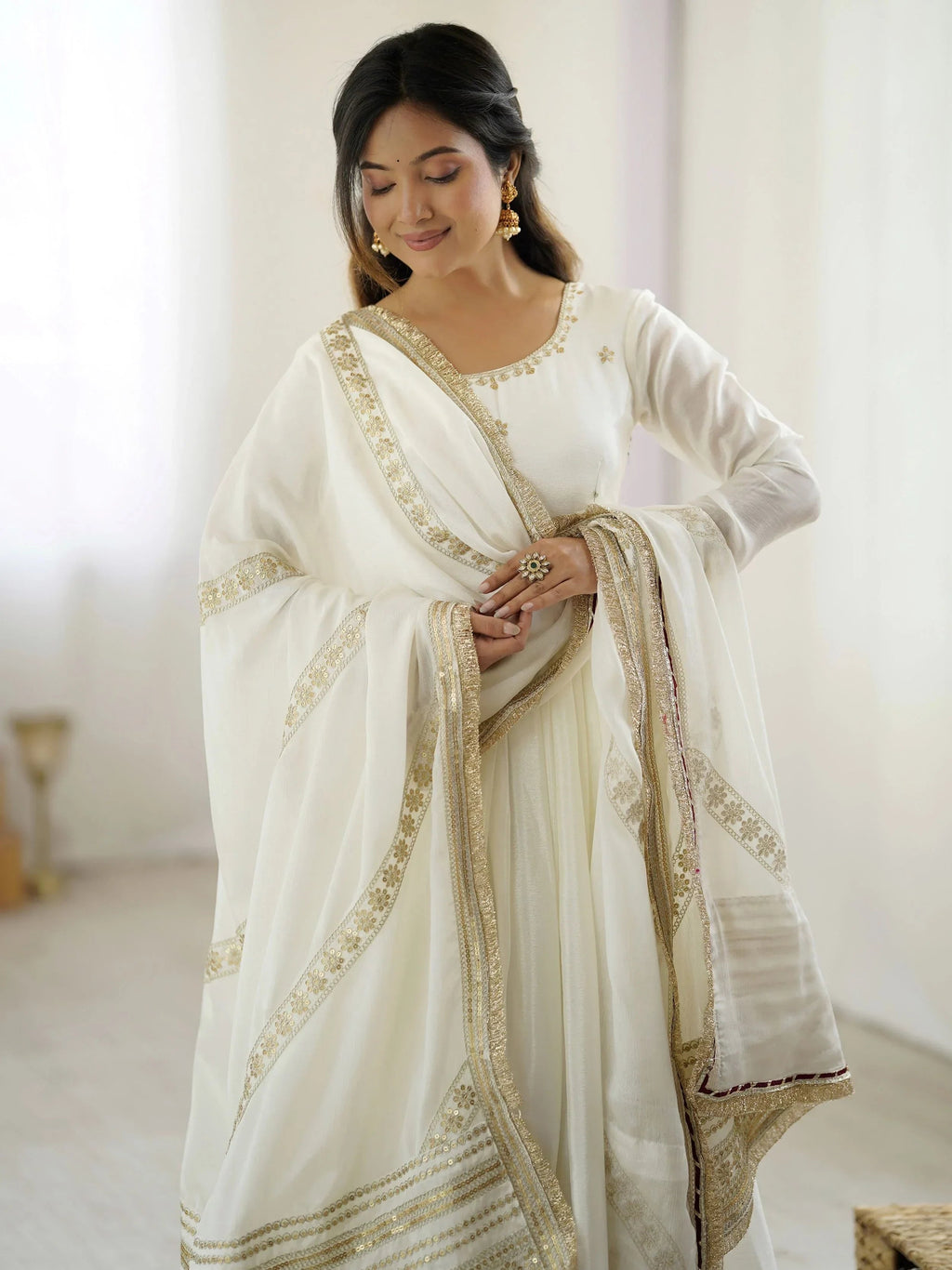 White Outstanding Silk Sequins Embroidered Anarkali Suit