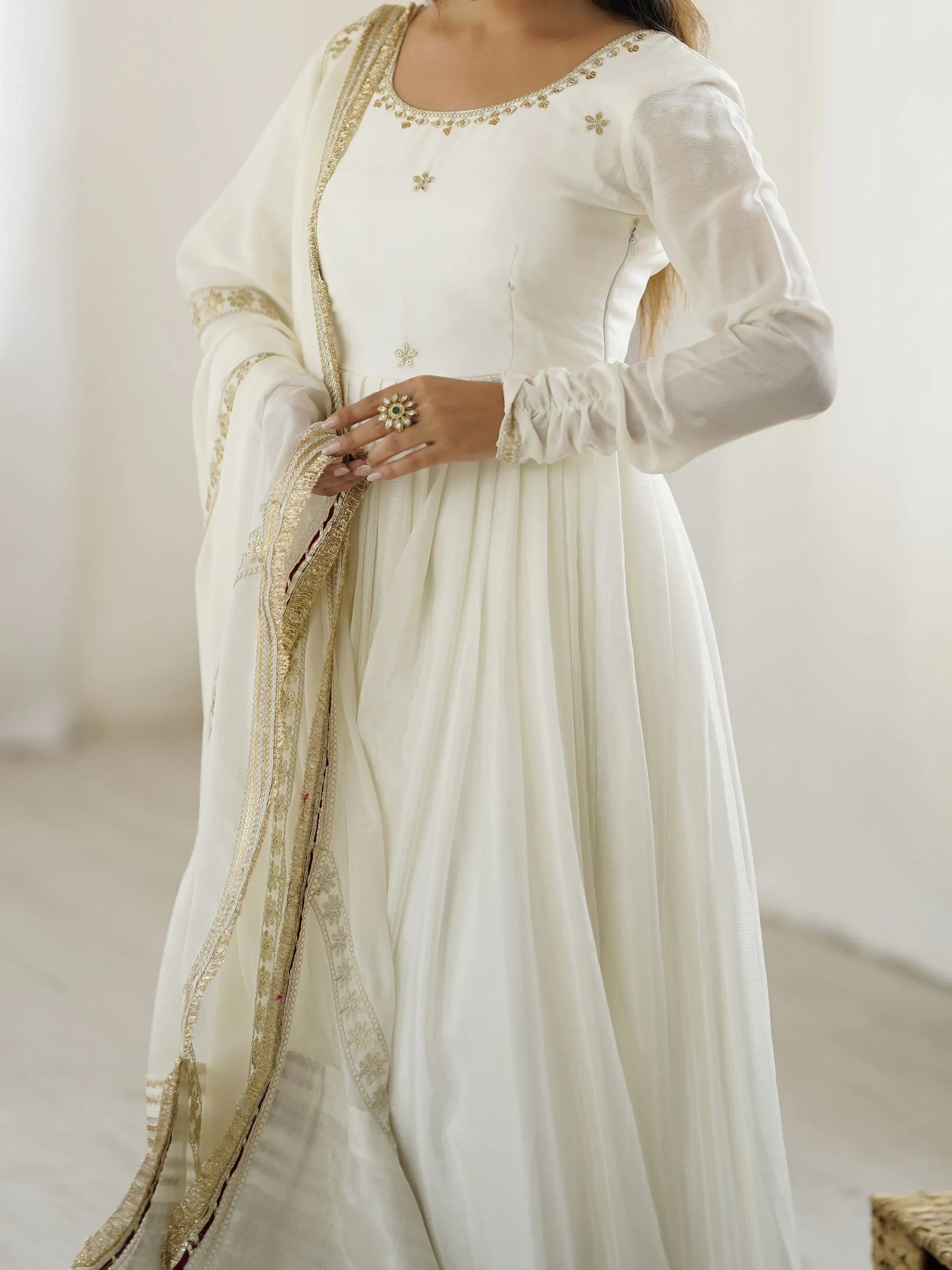 White Outstanding Silk Sequins Embroidered Anarkali Suit