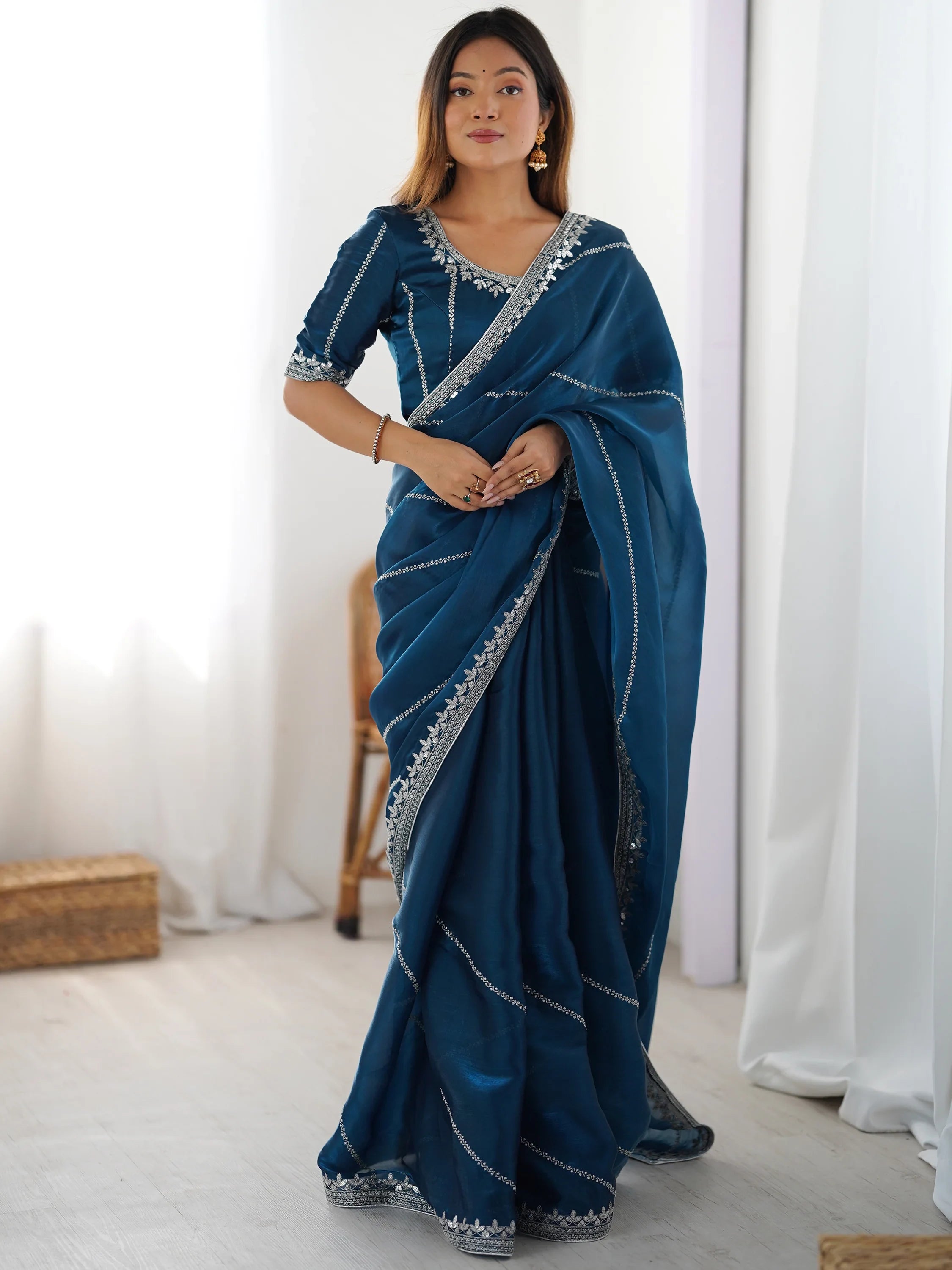 Teal Elegant Sequins Silk Reception Wear Saree With Blouse