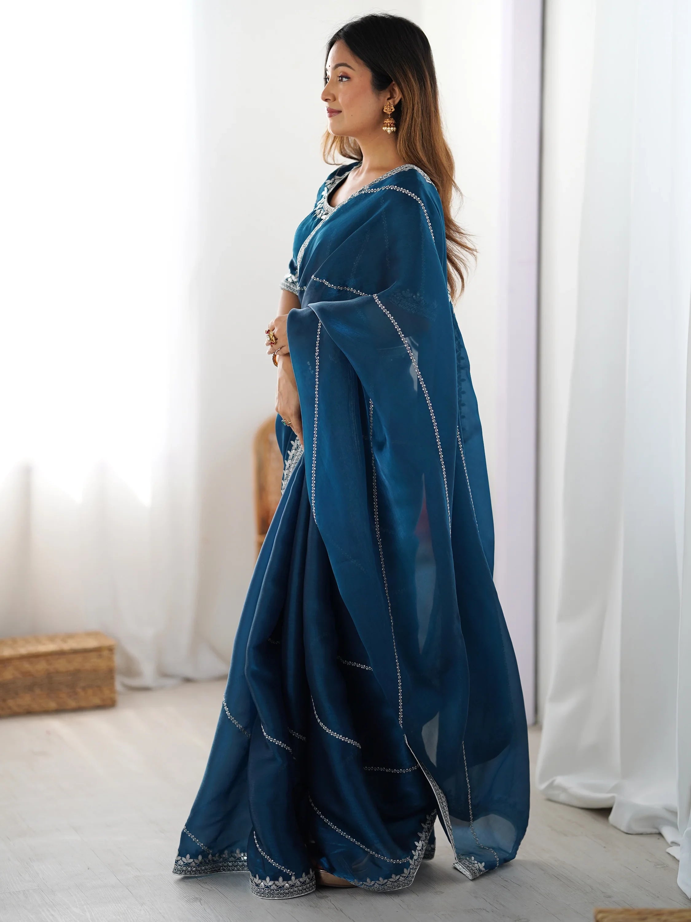 Teal Elegant Sequins Silk Reception Wear Saree With Blouse