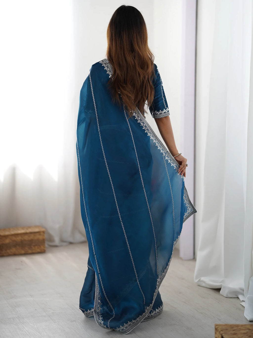Teal Elegant Sequins Silk Reception Wear Saree With Blouse