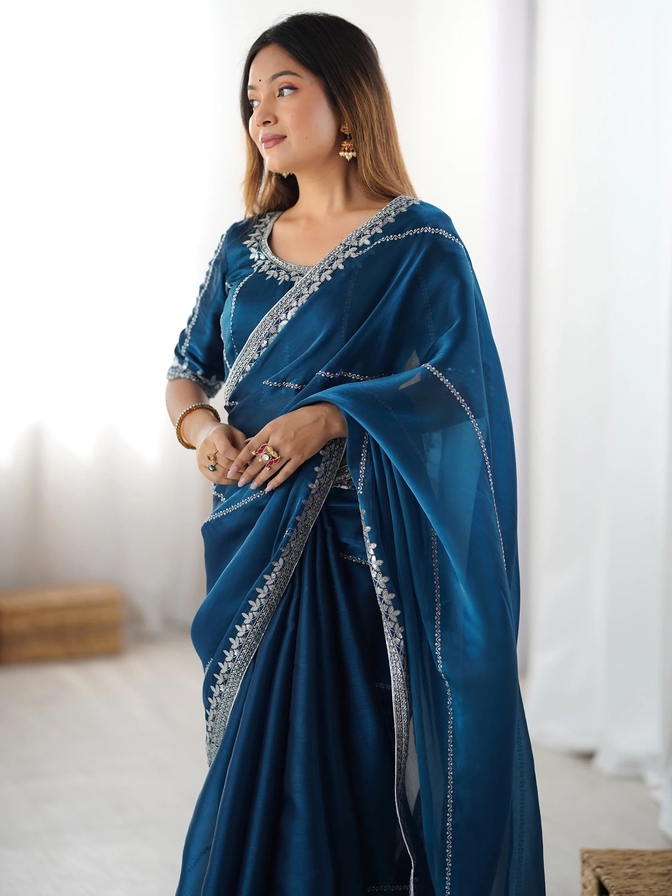 Teal Elegant Sequins Silk Reception Wear Saree With Blouse