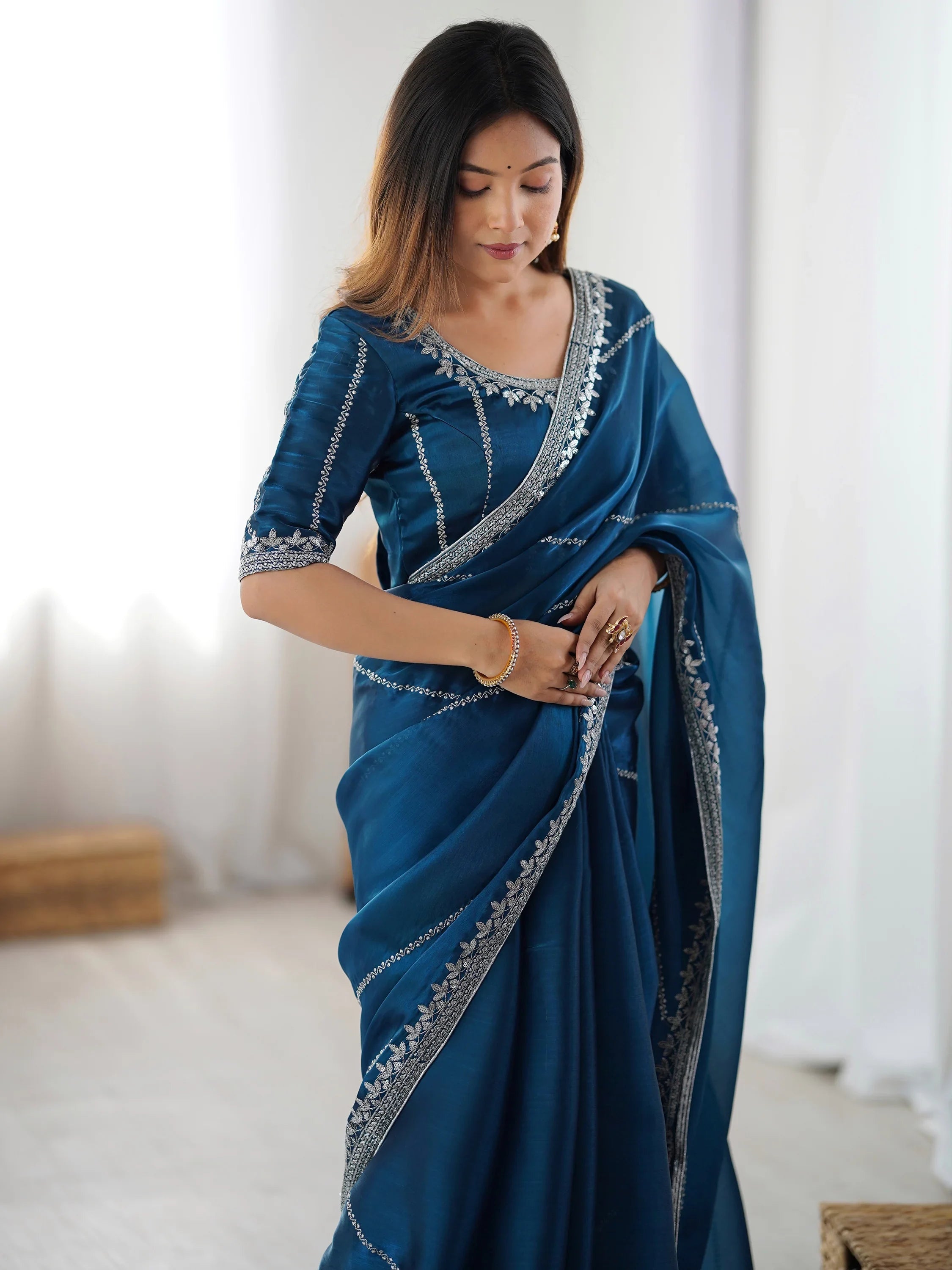 Teal Elegant Sequins Silk Reception Wear Saree With Blouse