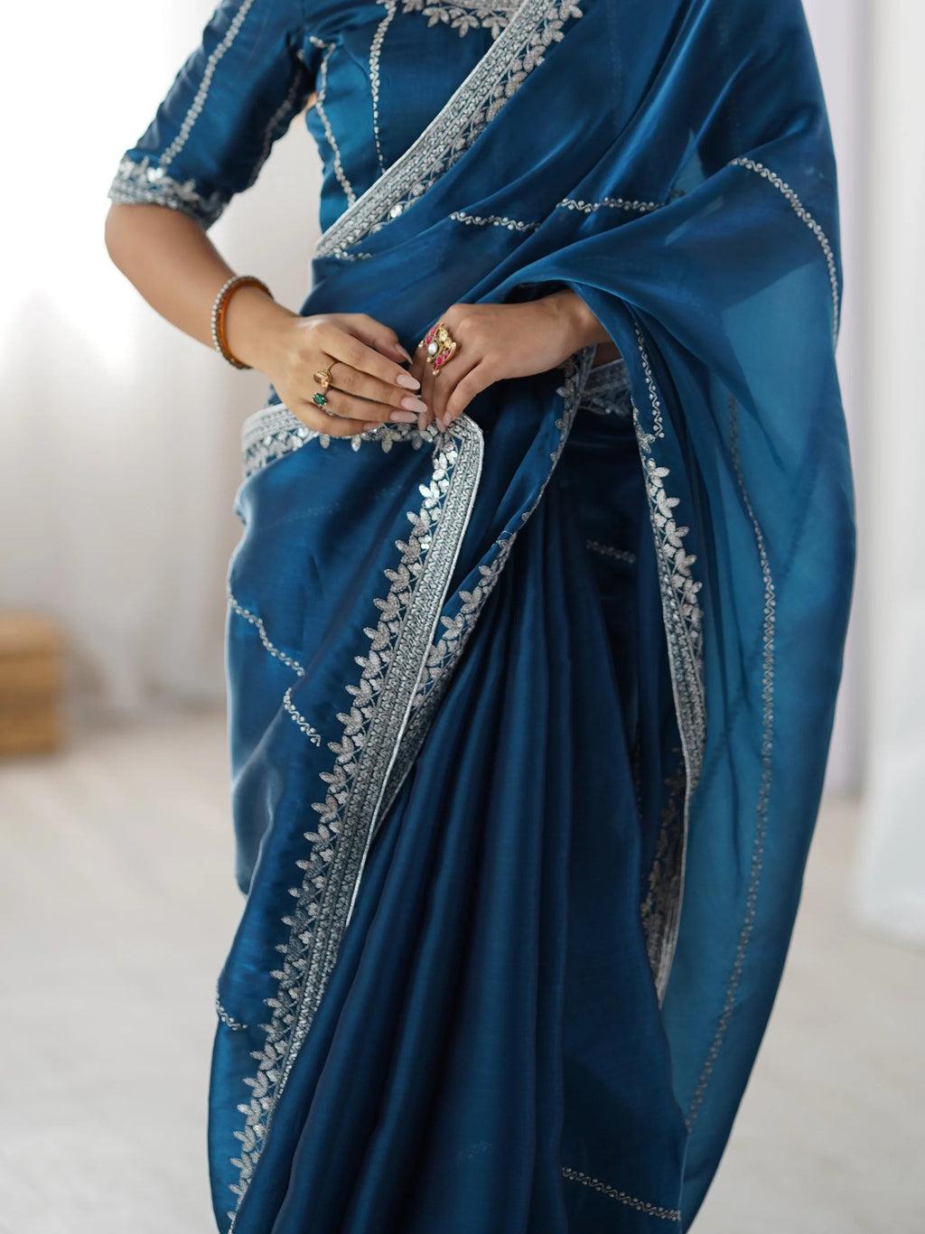 Teal Elegant Sequins Silk Reception Wear Saree With Blouse