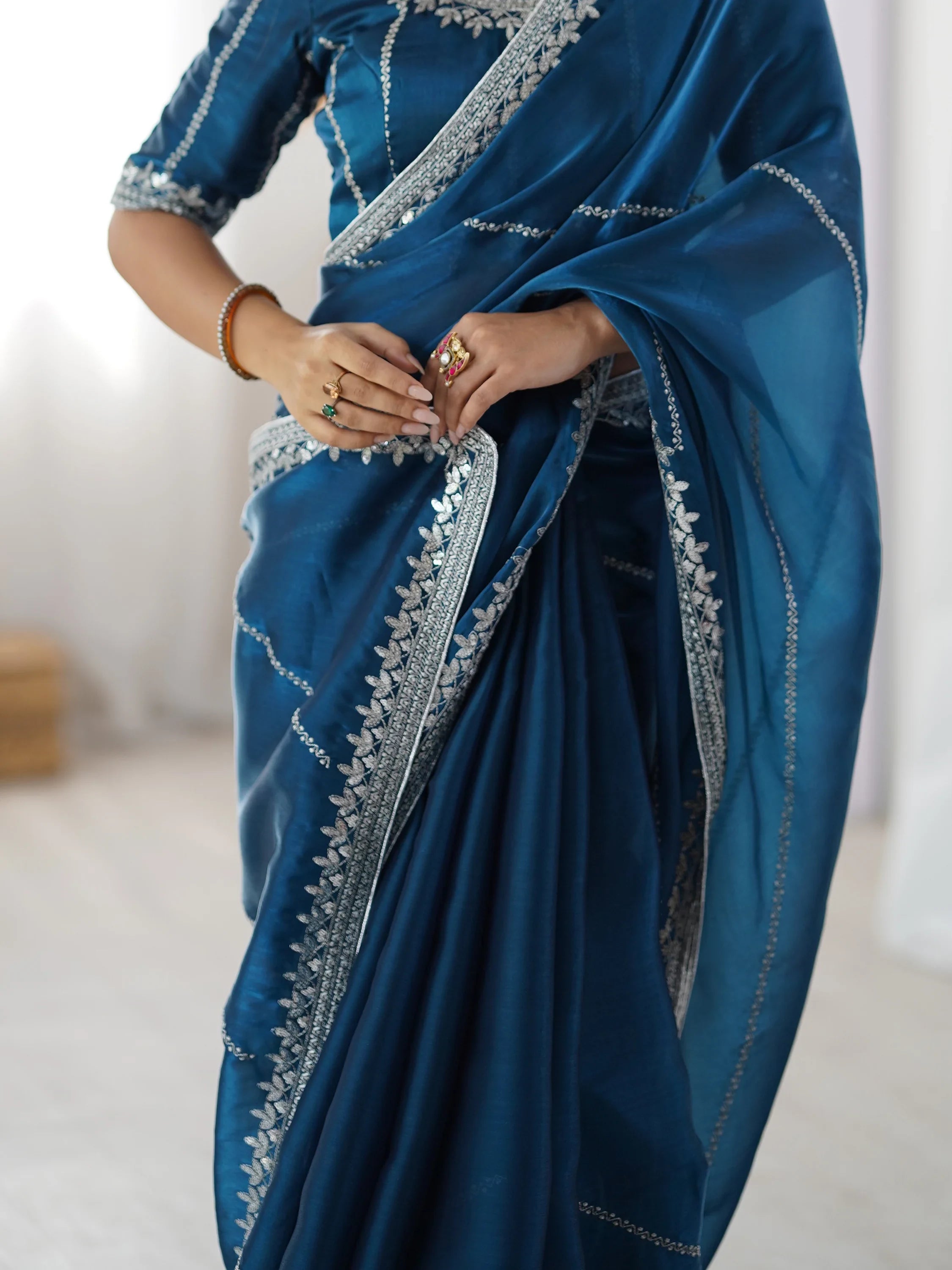 Teal Elegant Sequins Silk Reception Wear Saree With Blouse