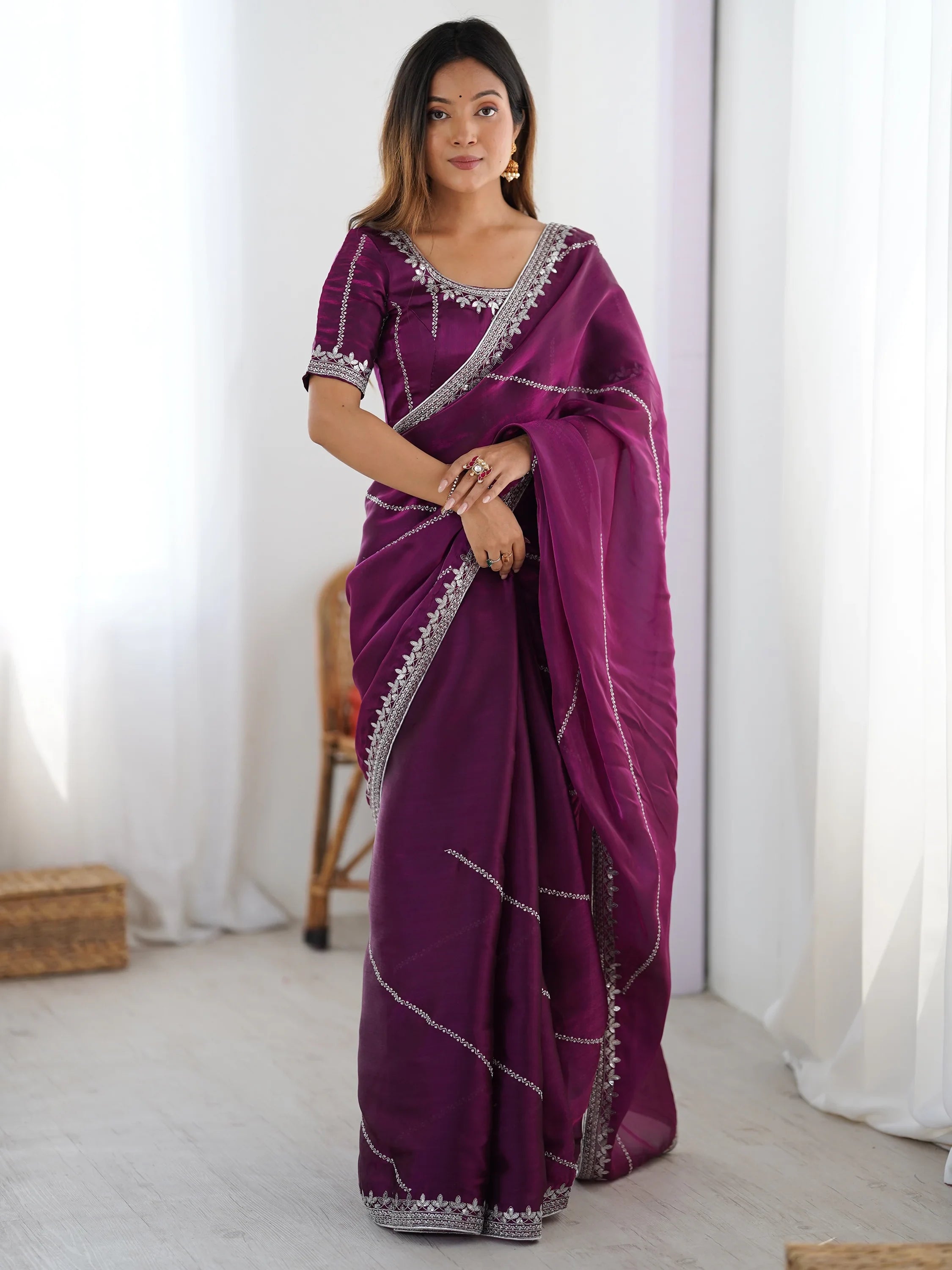 Wine Elegant Sequins Silk Reception Wear Saree With Blouse
