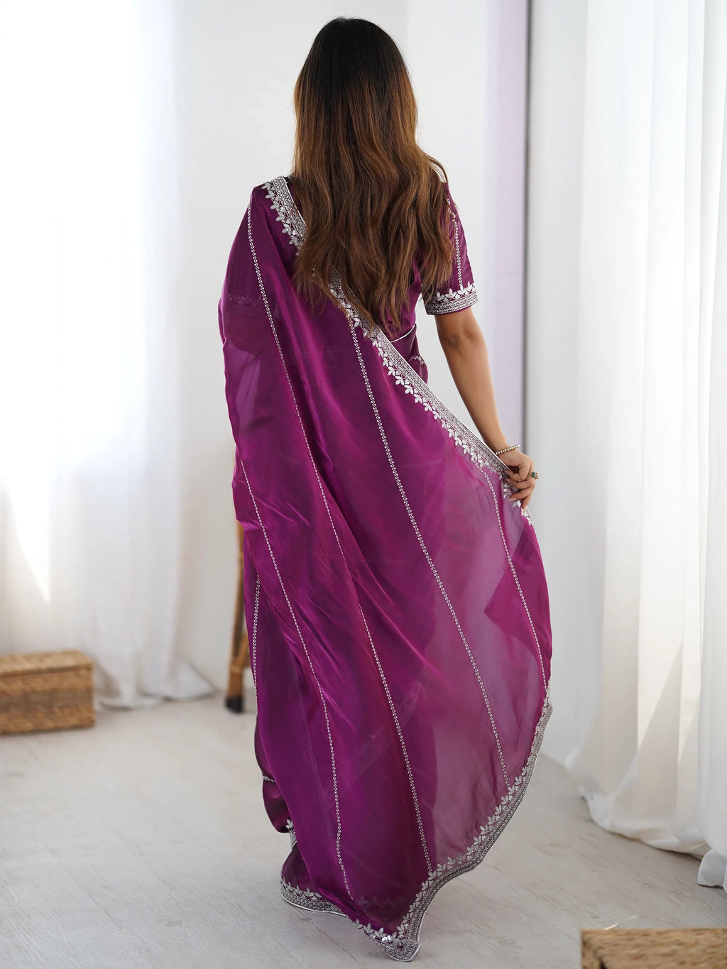Wine Elegant Sequins Silk Reception Wear Saree With Blouse