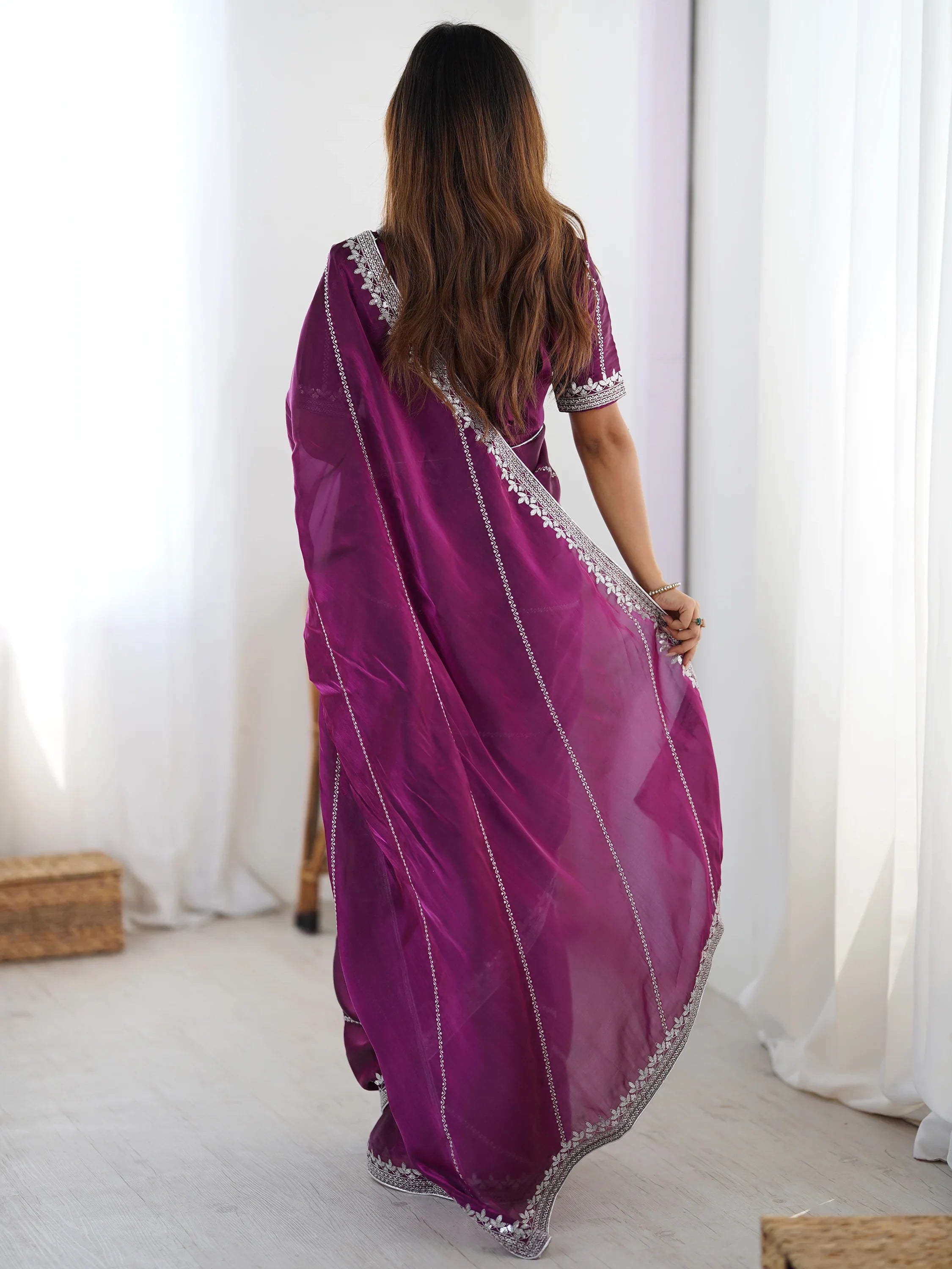 Wine Elegant Sequins Silk Reception Wear Saree With Blouse
