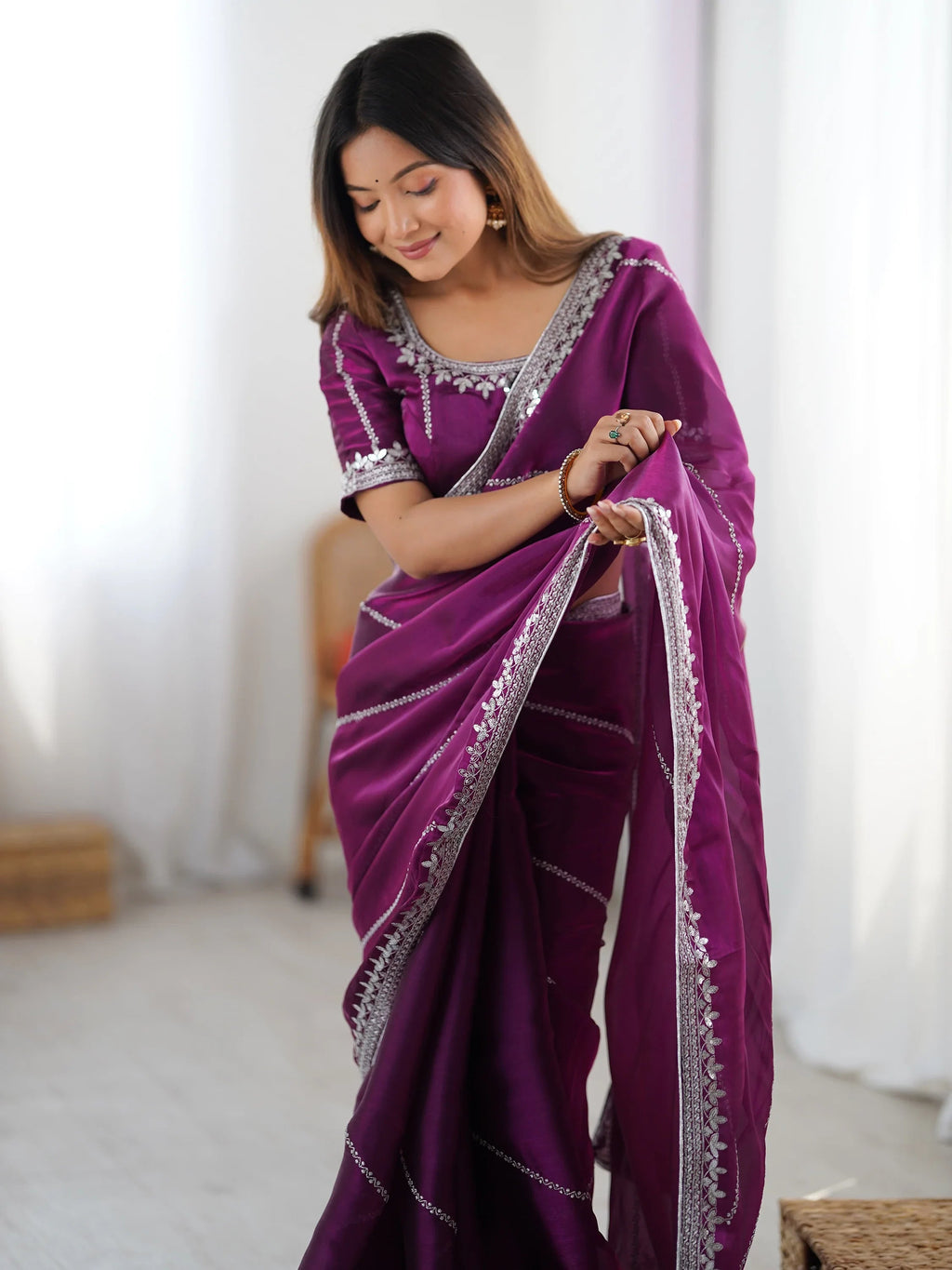 Wine Elegant Sequins Silk Reception Wear Saree With Blouse