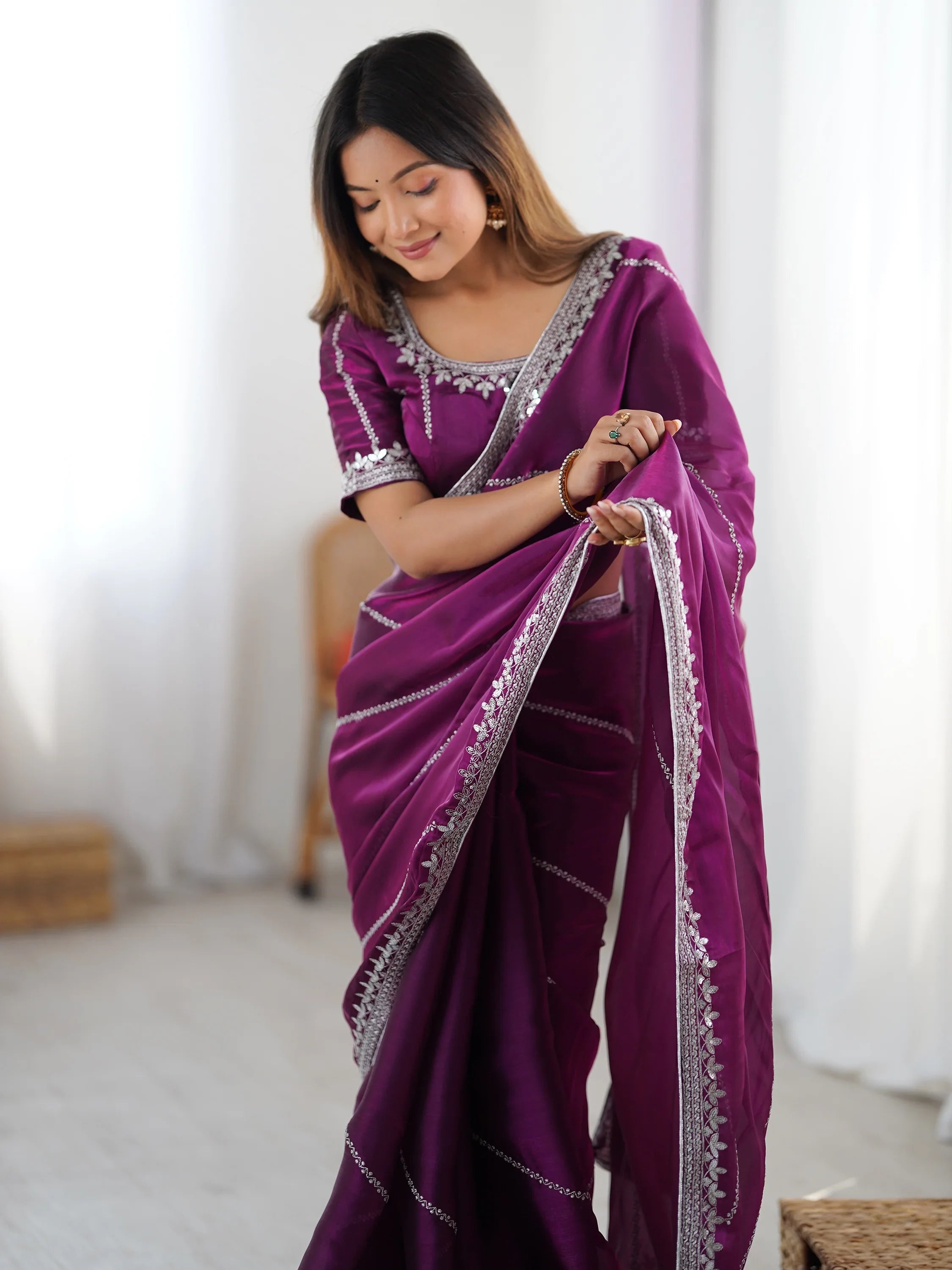 Wine Elegant Sequins Silk Reception Wear Saree With Blouse