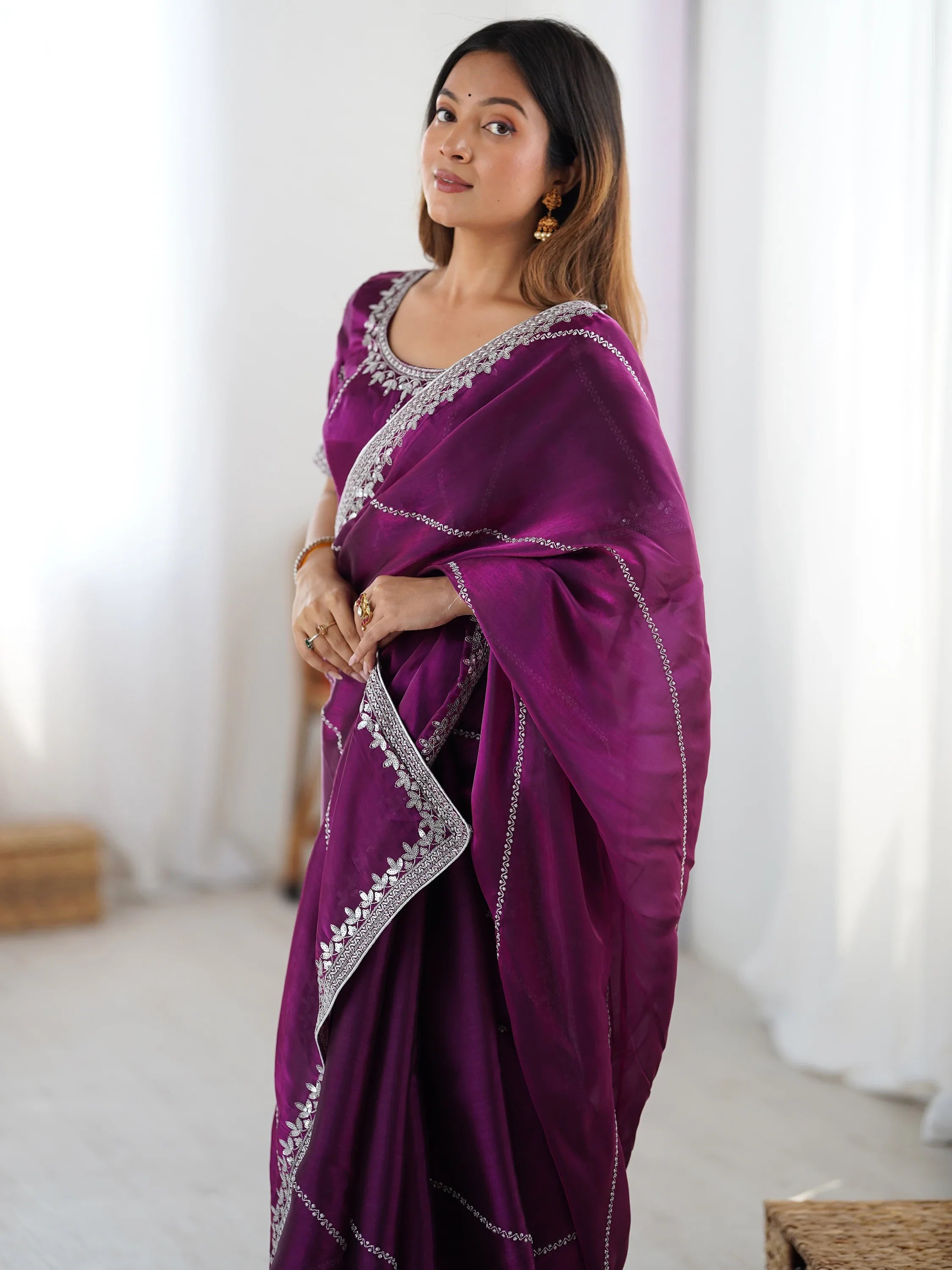Wine Elegant Sequins Silk Reception Wear Saree With Blouse