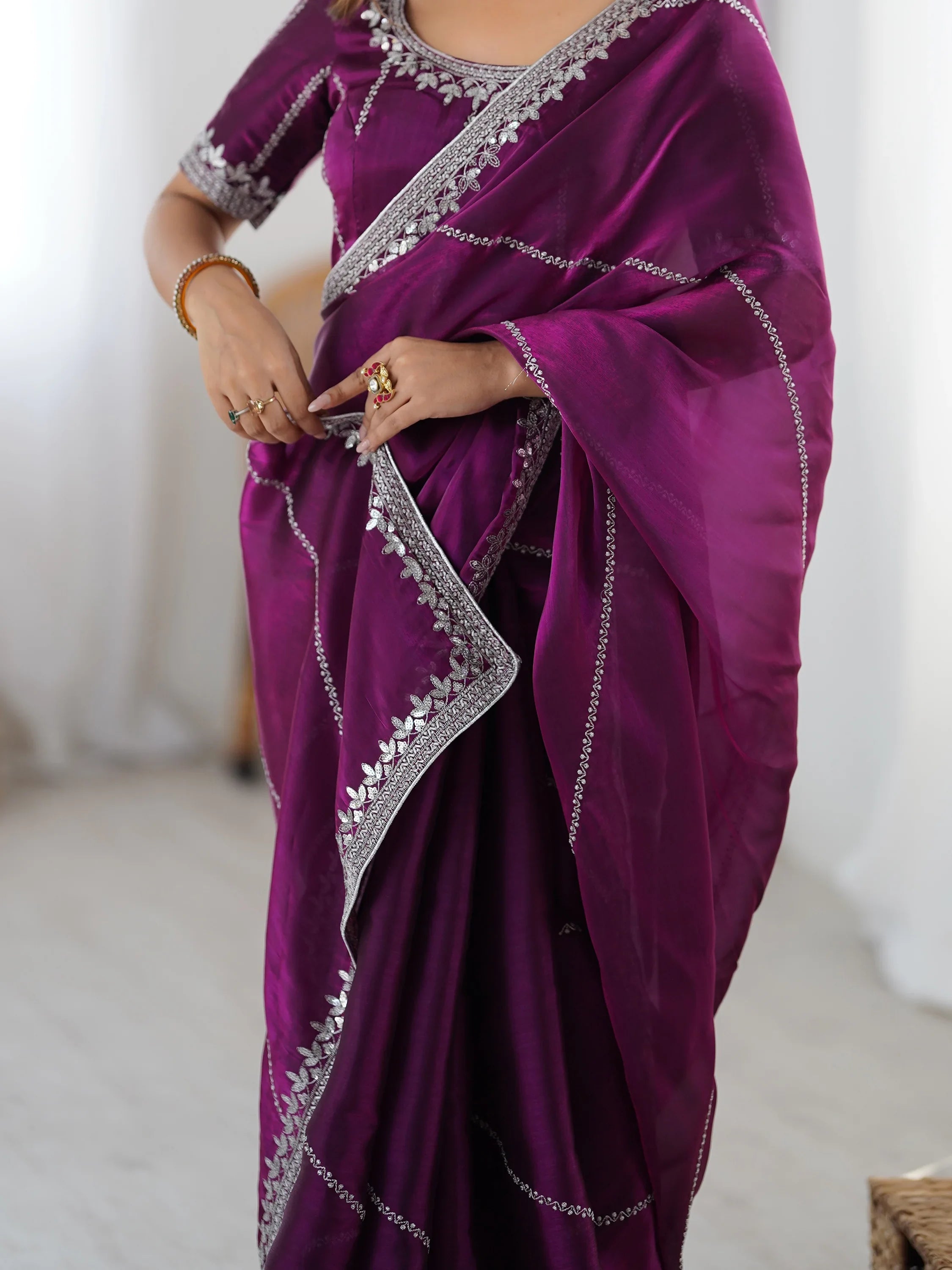 Wine Elegant Sequins Silk Reception Wear Saree With Blouse