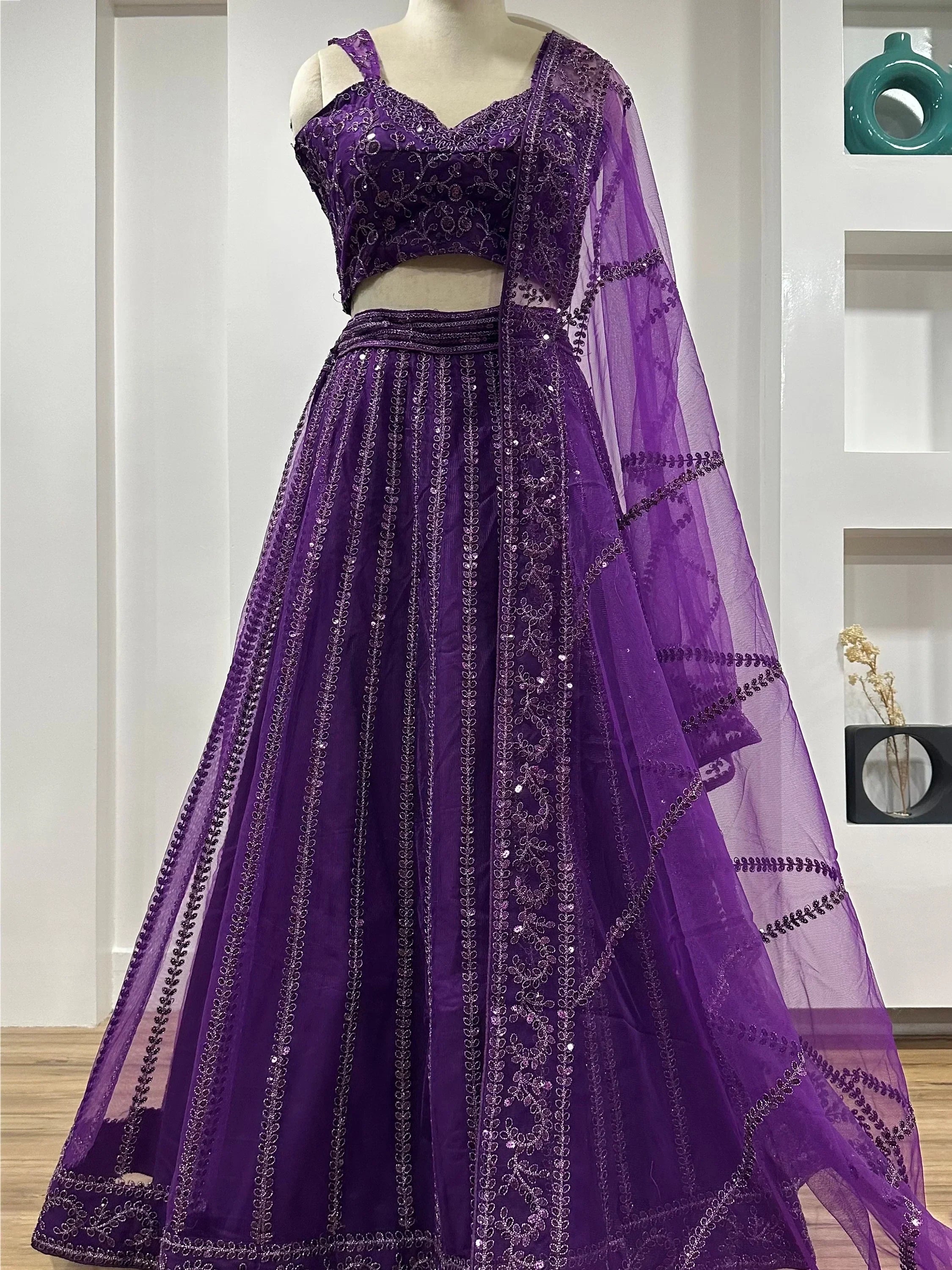Rich Wine Net Sequins Work Wedding Wear Lehenga Choli With Dupatta