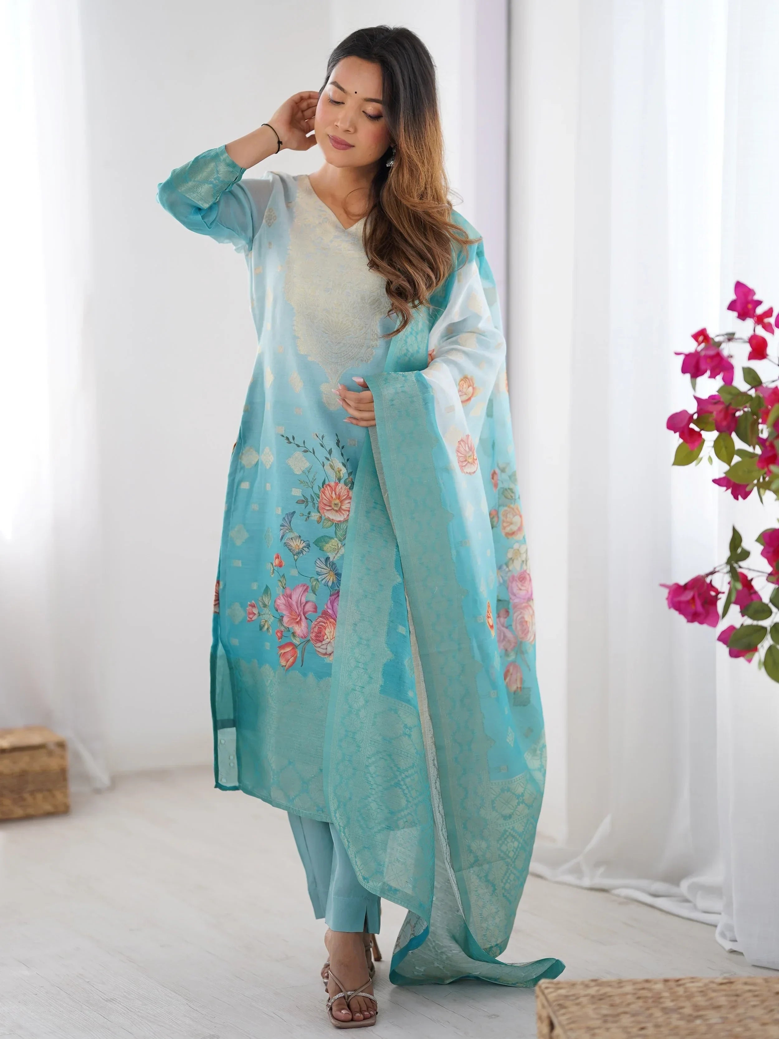 Sky Blue Fascinating Organza Digital Printed Traditional Straight Suit