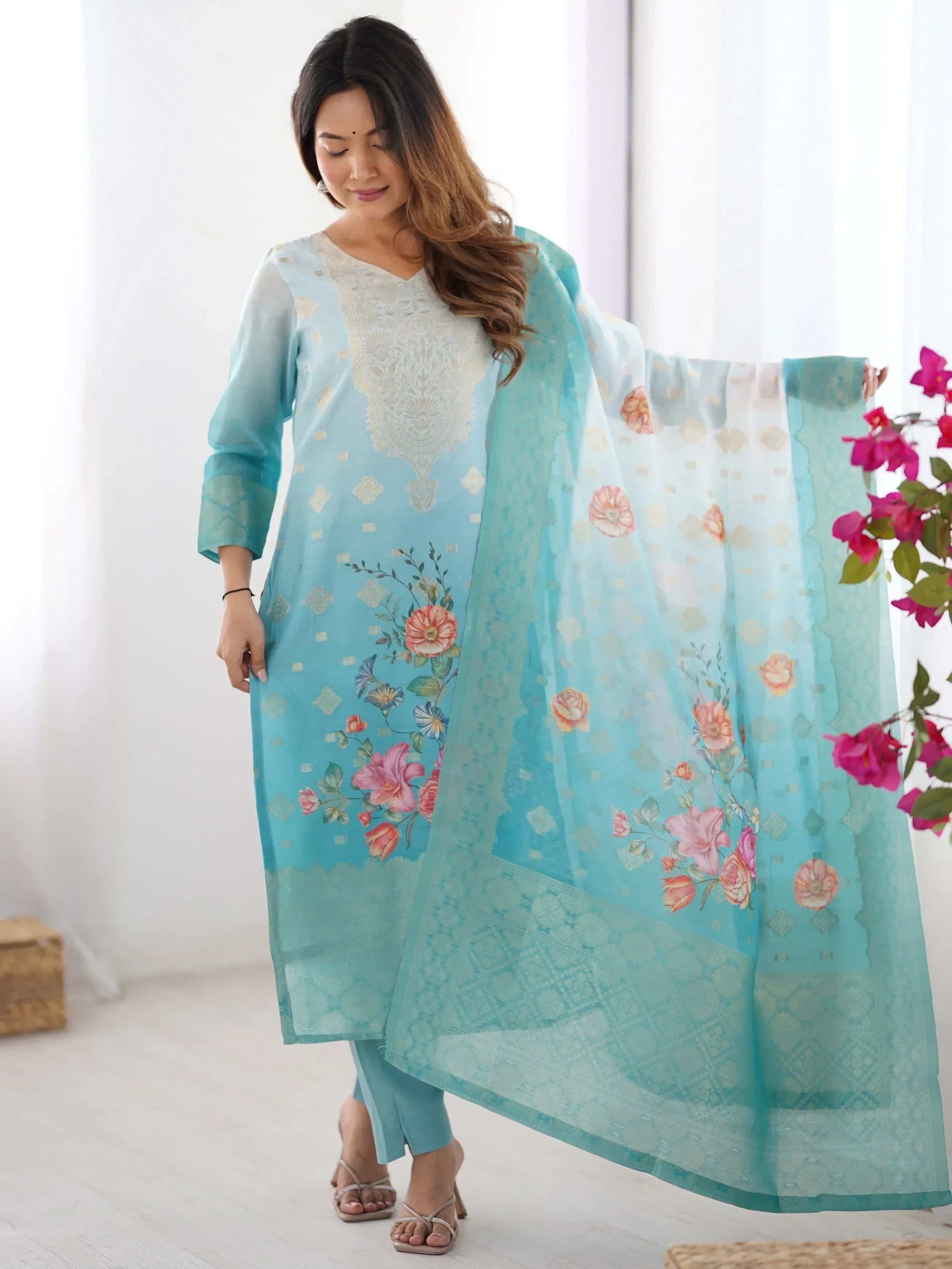 Sky Blue Fascinating Organza Digital Printed Traditional Straight Suit