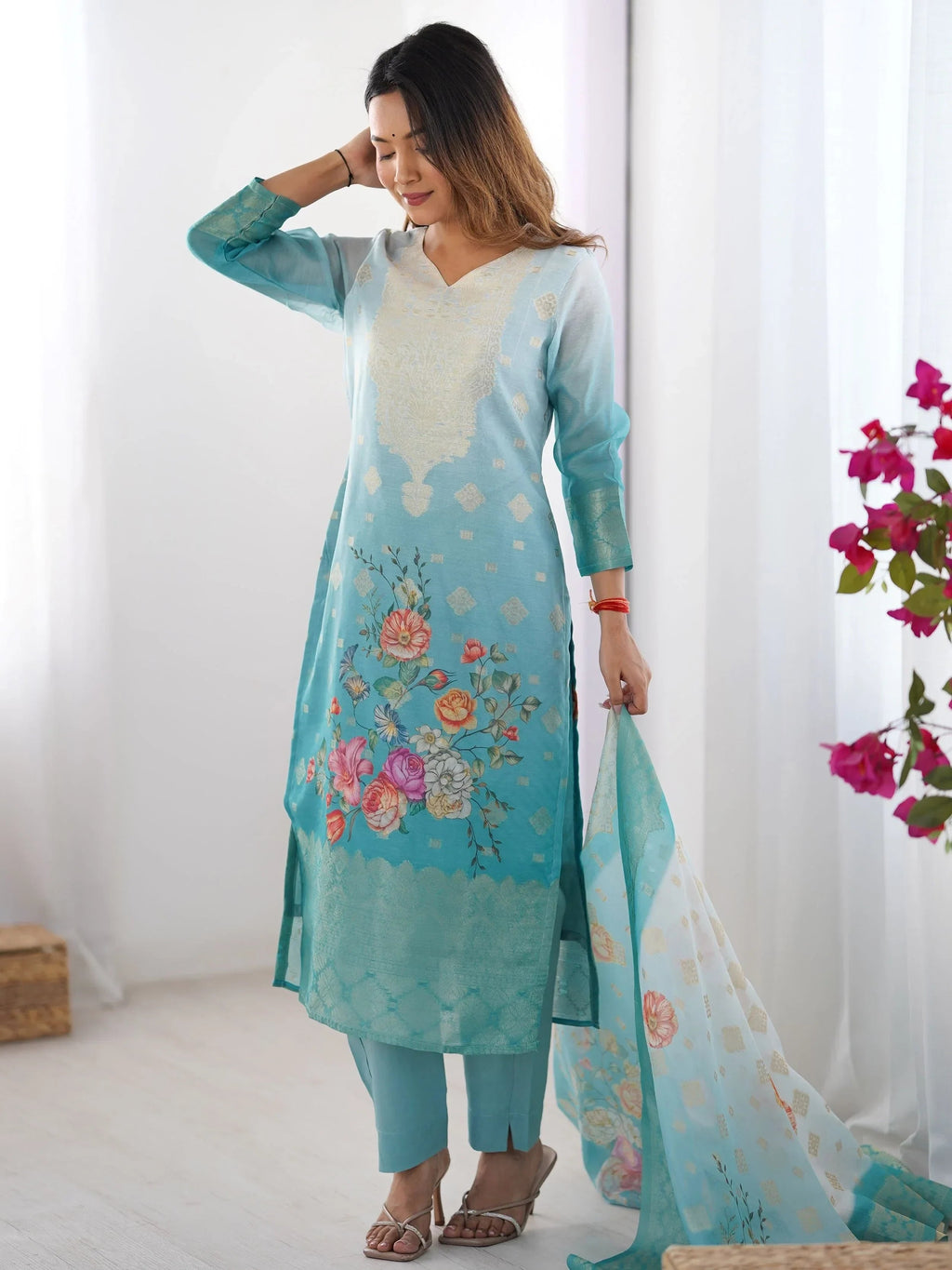 Sky Blue Fascinating Organza Digital Printed Traditional Straight Suit