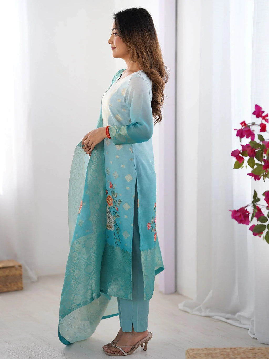 Sky Blue Fascinating Organza Digital Printed Traditional Straight Suit