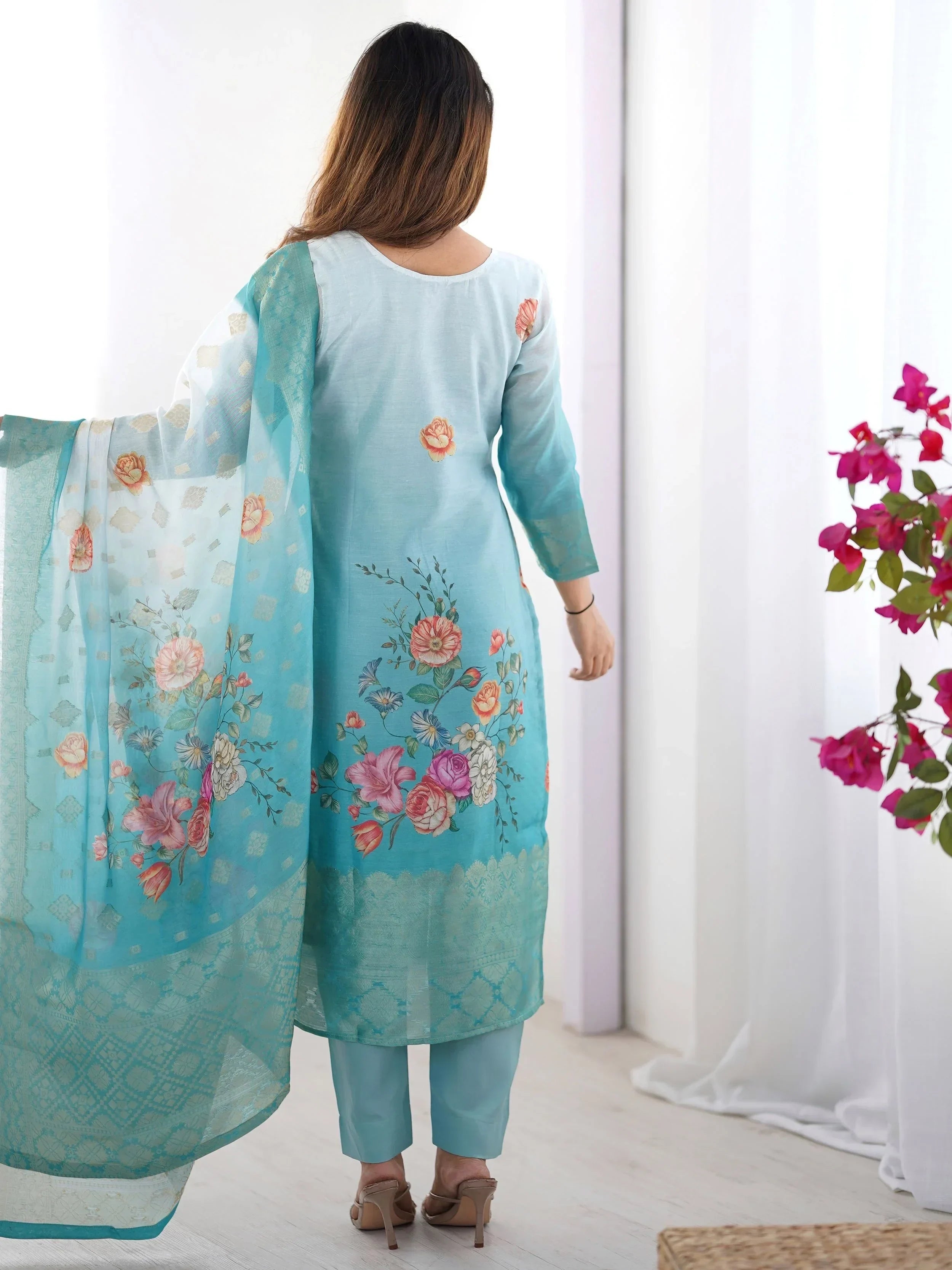 Sky Blue Fascinating Organza Digital Printed Traditional Straight Suit