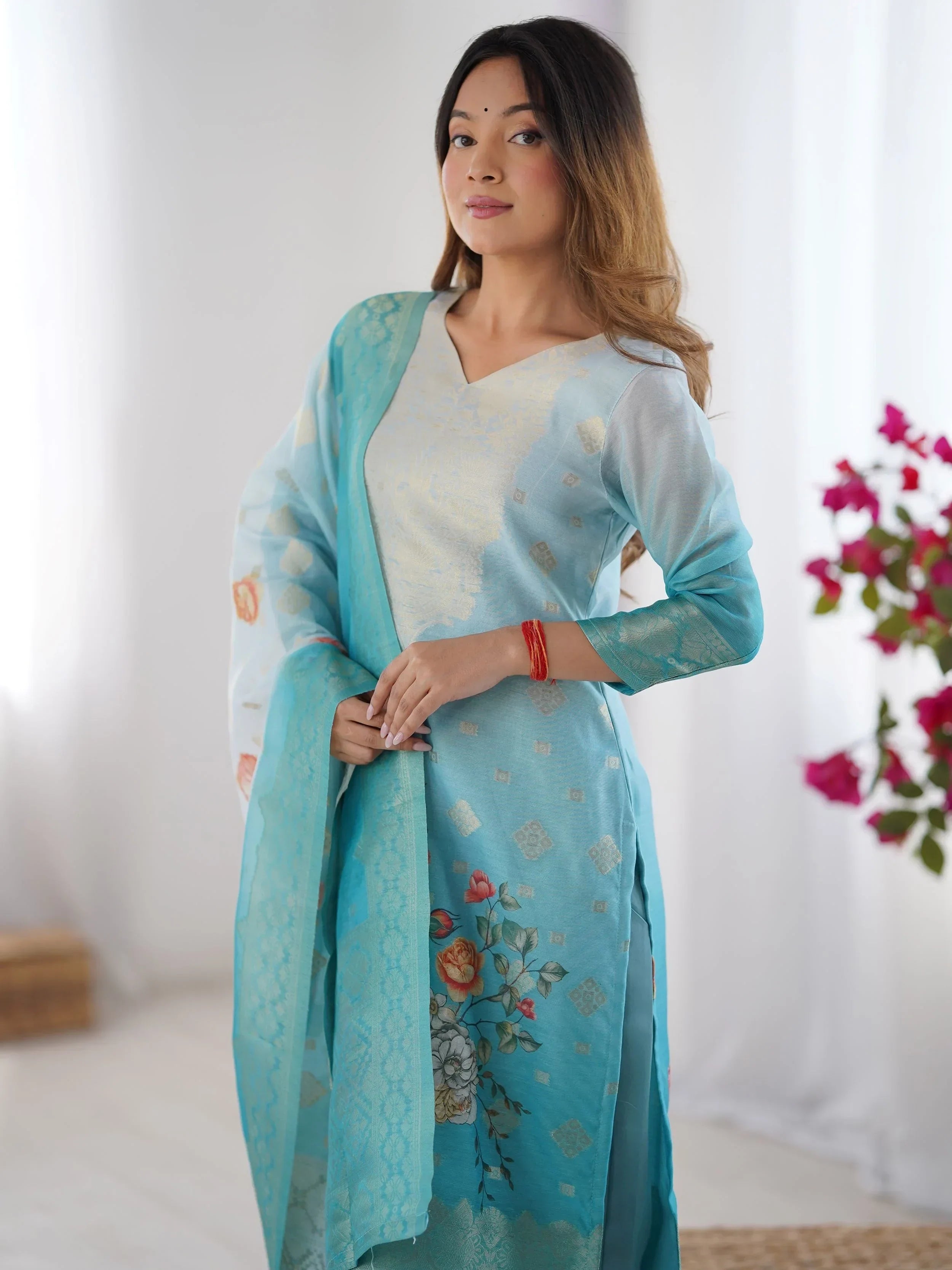 Sky Blue Fascinating Organza Digital Printed Traditional Straight Suit