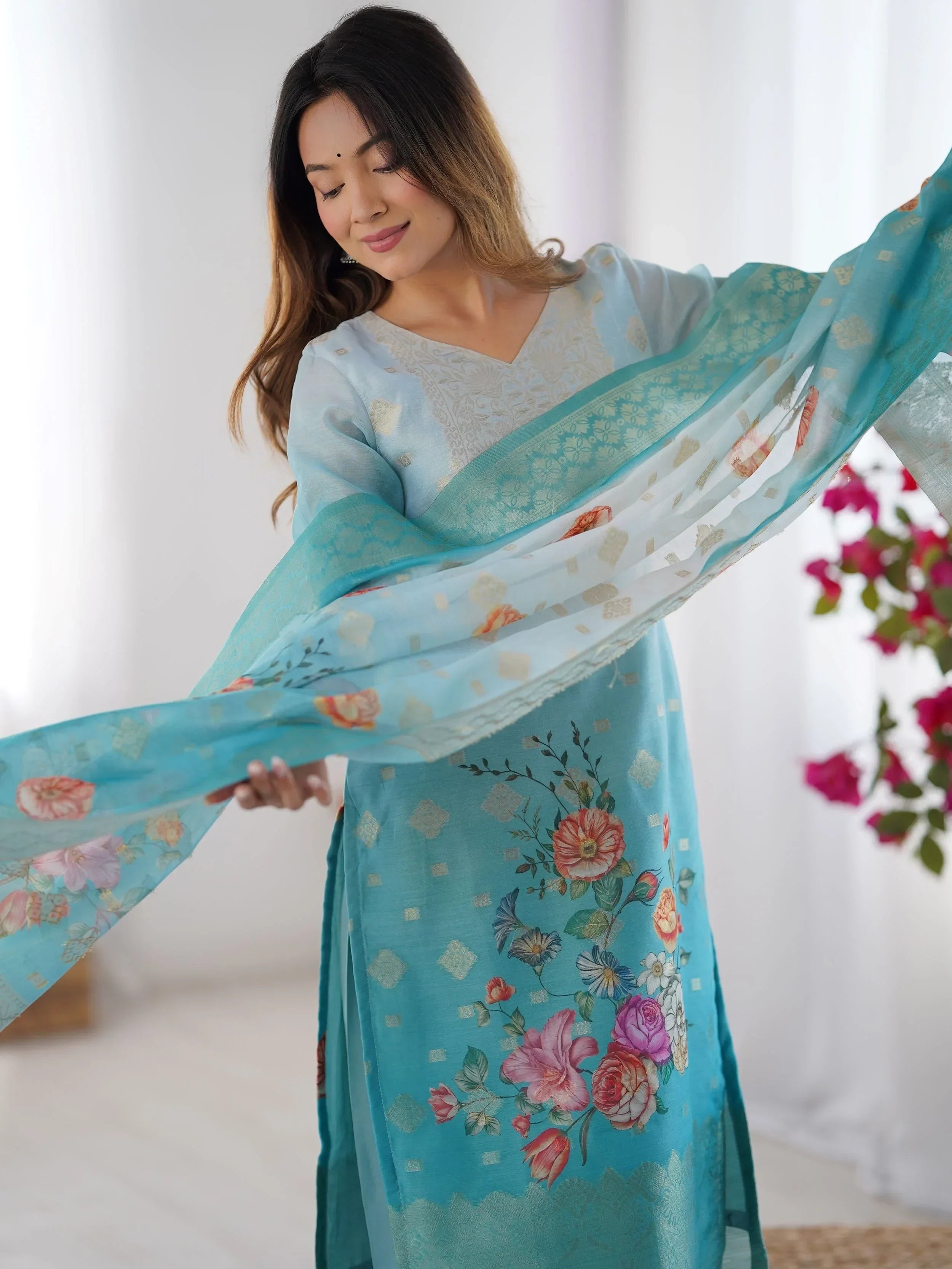 Sky Blue Fascinating Organza Digital Printed Traditional Straight Suit