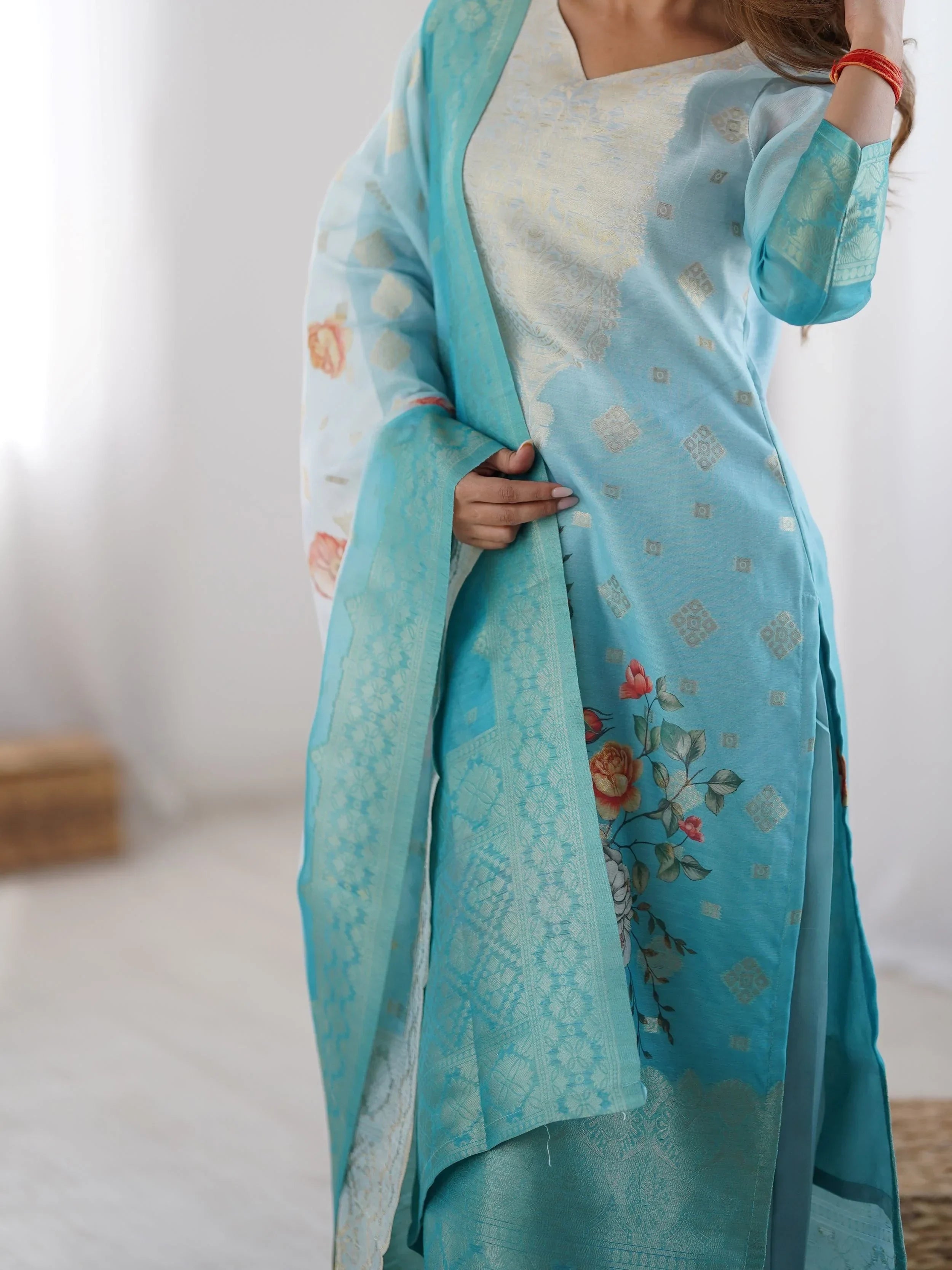 Sky Blue Fascinating Organza Digital Printed Traditional Straight Suit