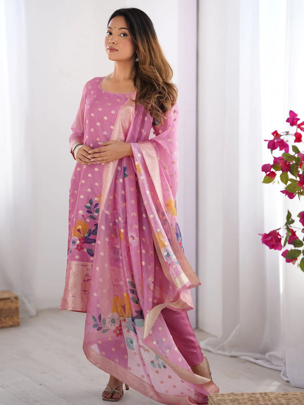 Baby Pink Fascinating Organza Digital Printed Traditional Straight Suit