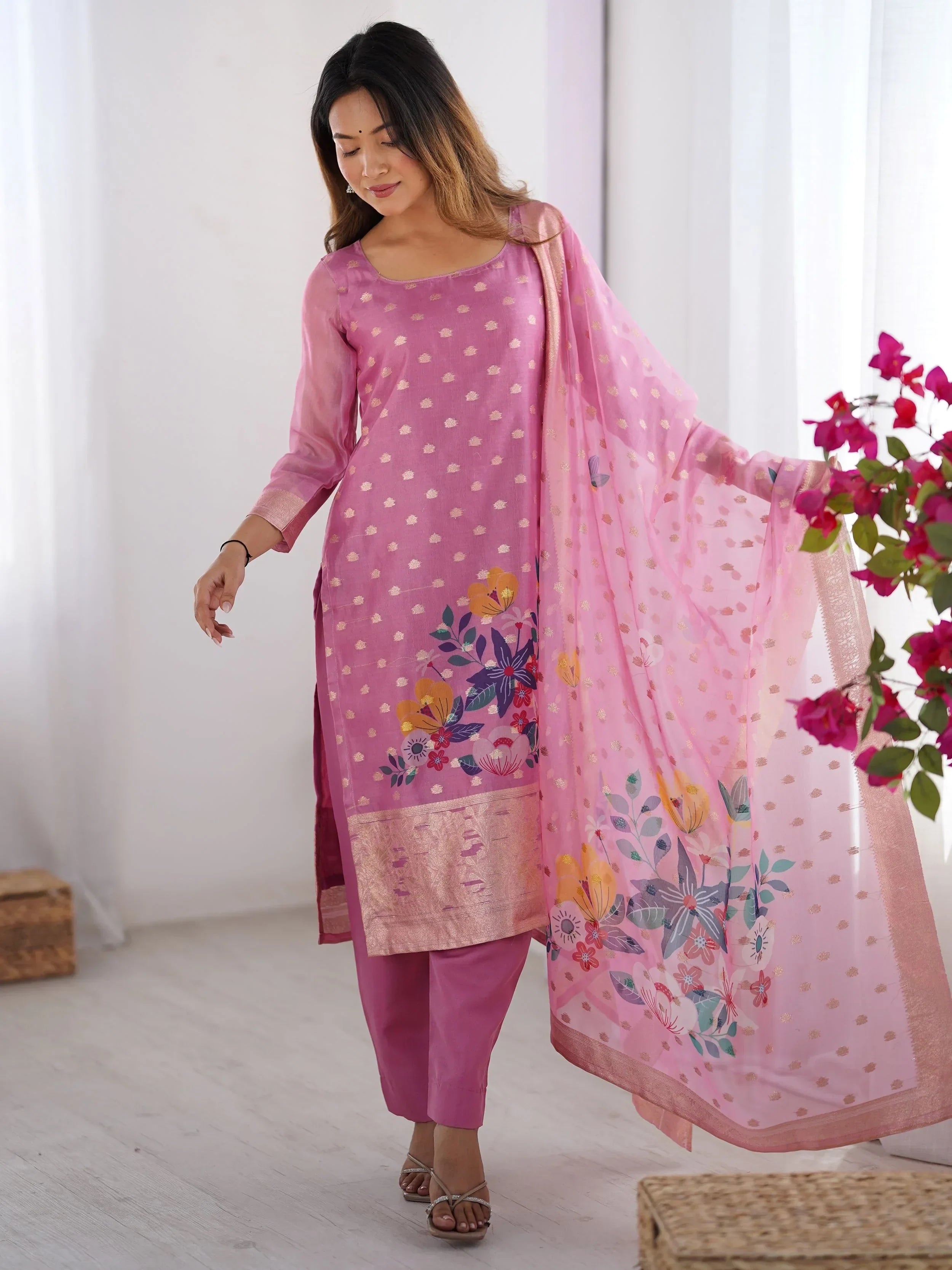 Baby Pink Fascinating Organza Digital Printed Traditional Straight Suit