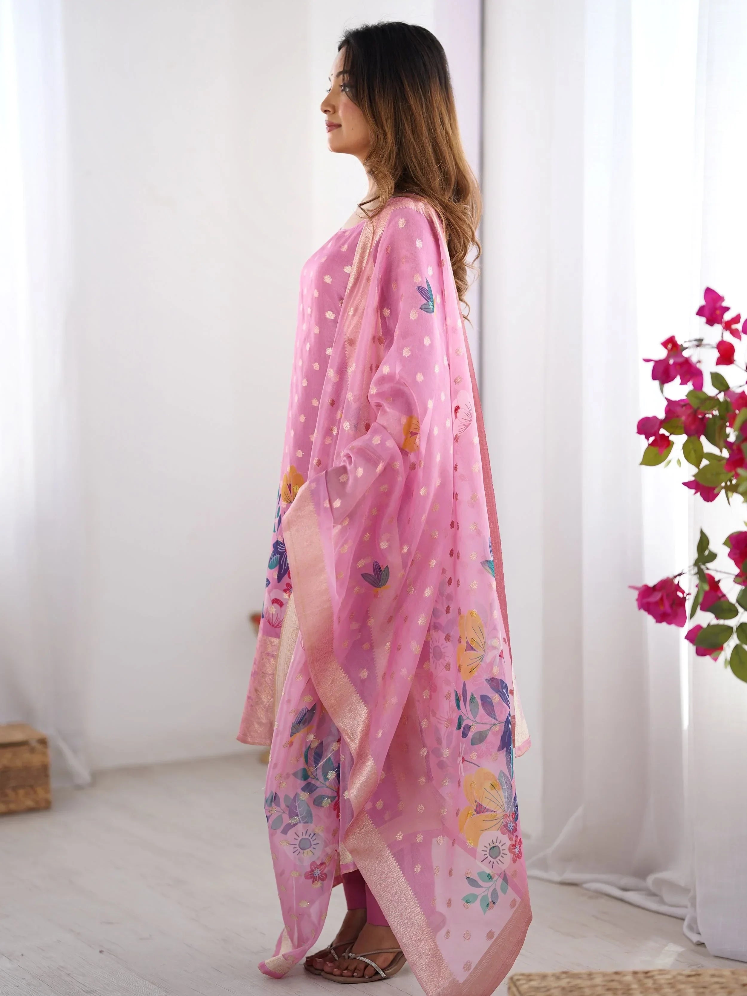 Baby Pink Fascinating Organza Digital Printed Traditional Straight Suit
