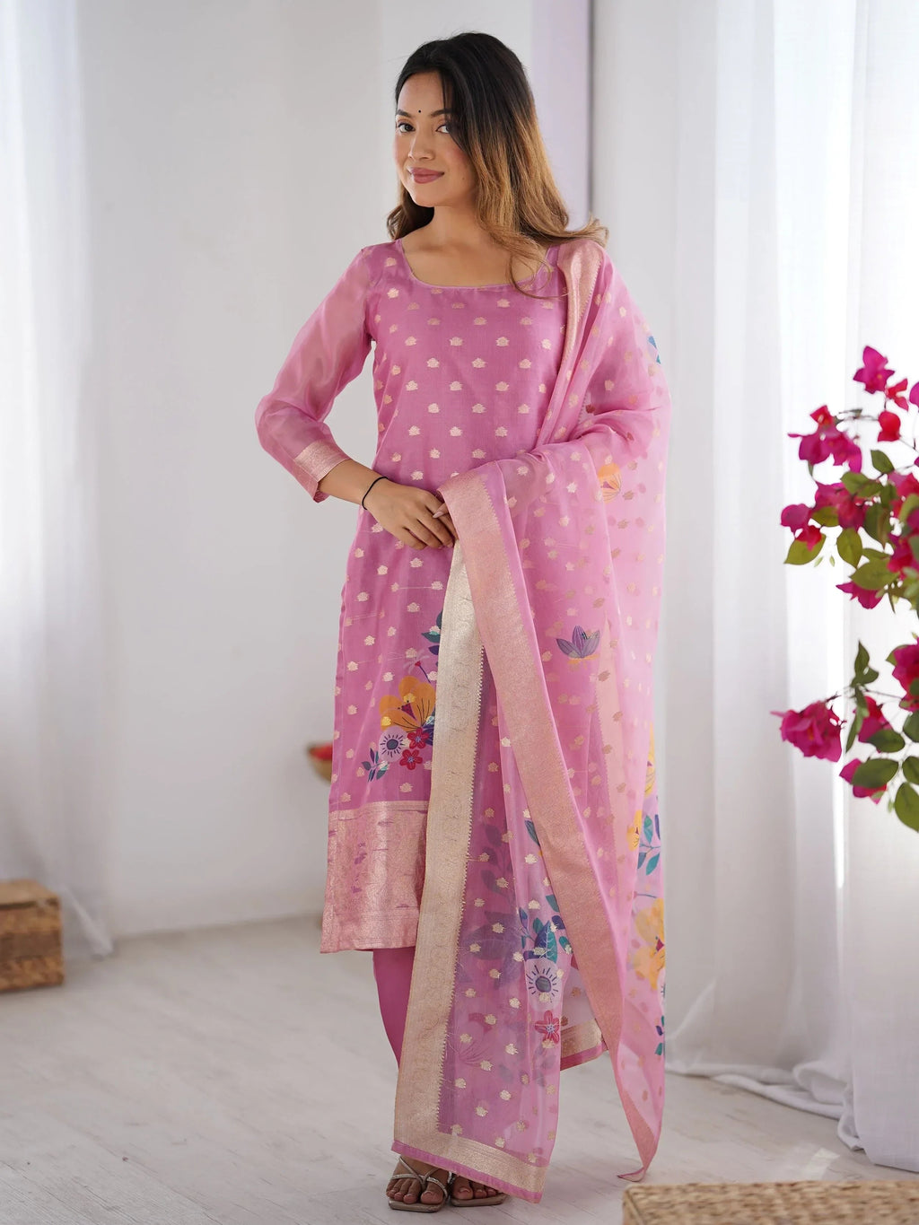 Baby Pink Fascinating Organza Digital Printed Traditional Straight Suit