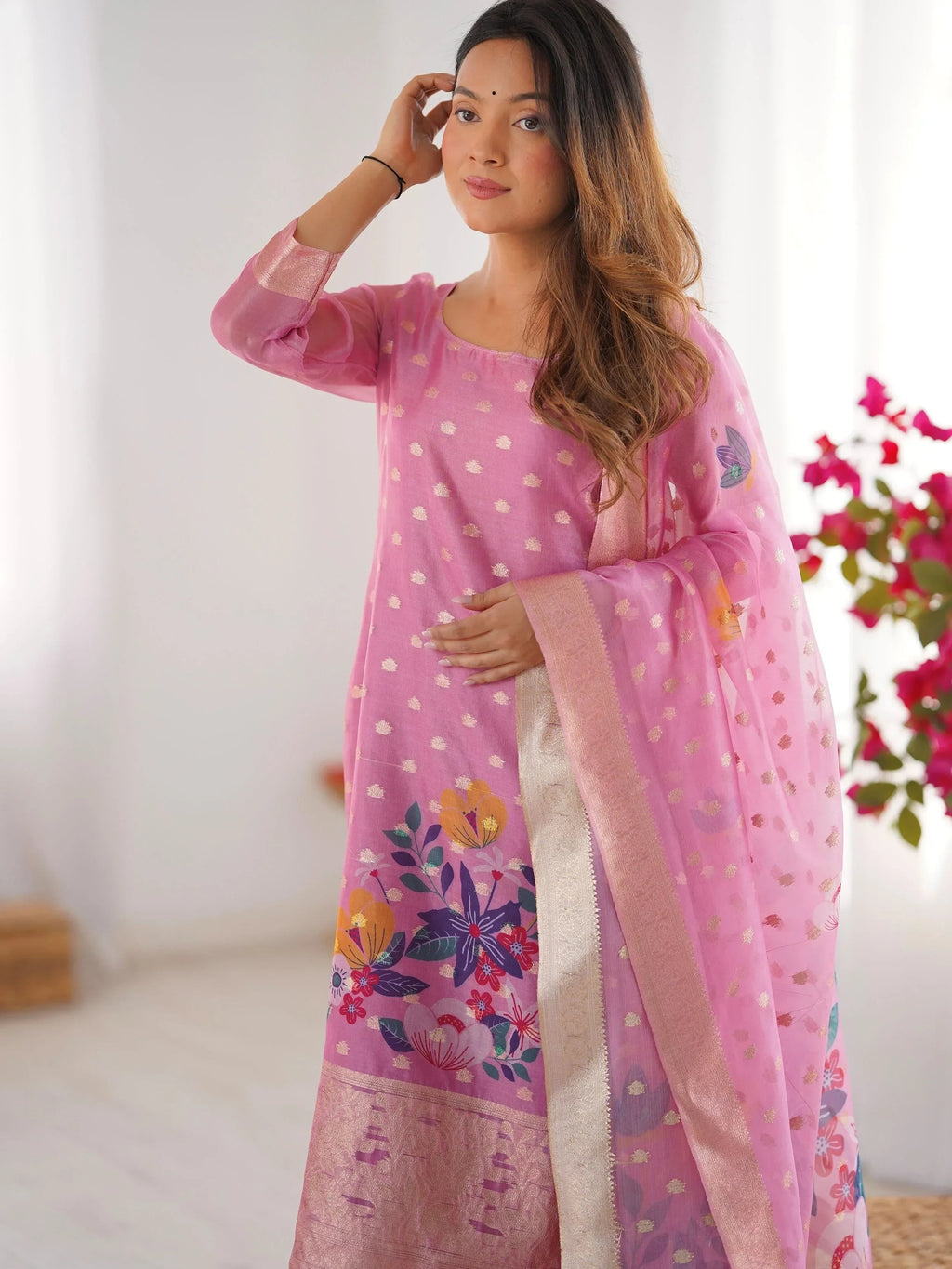 Baby Pink Fascinating Organza Digital Printed Traditional Straight Suit