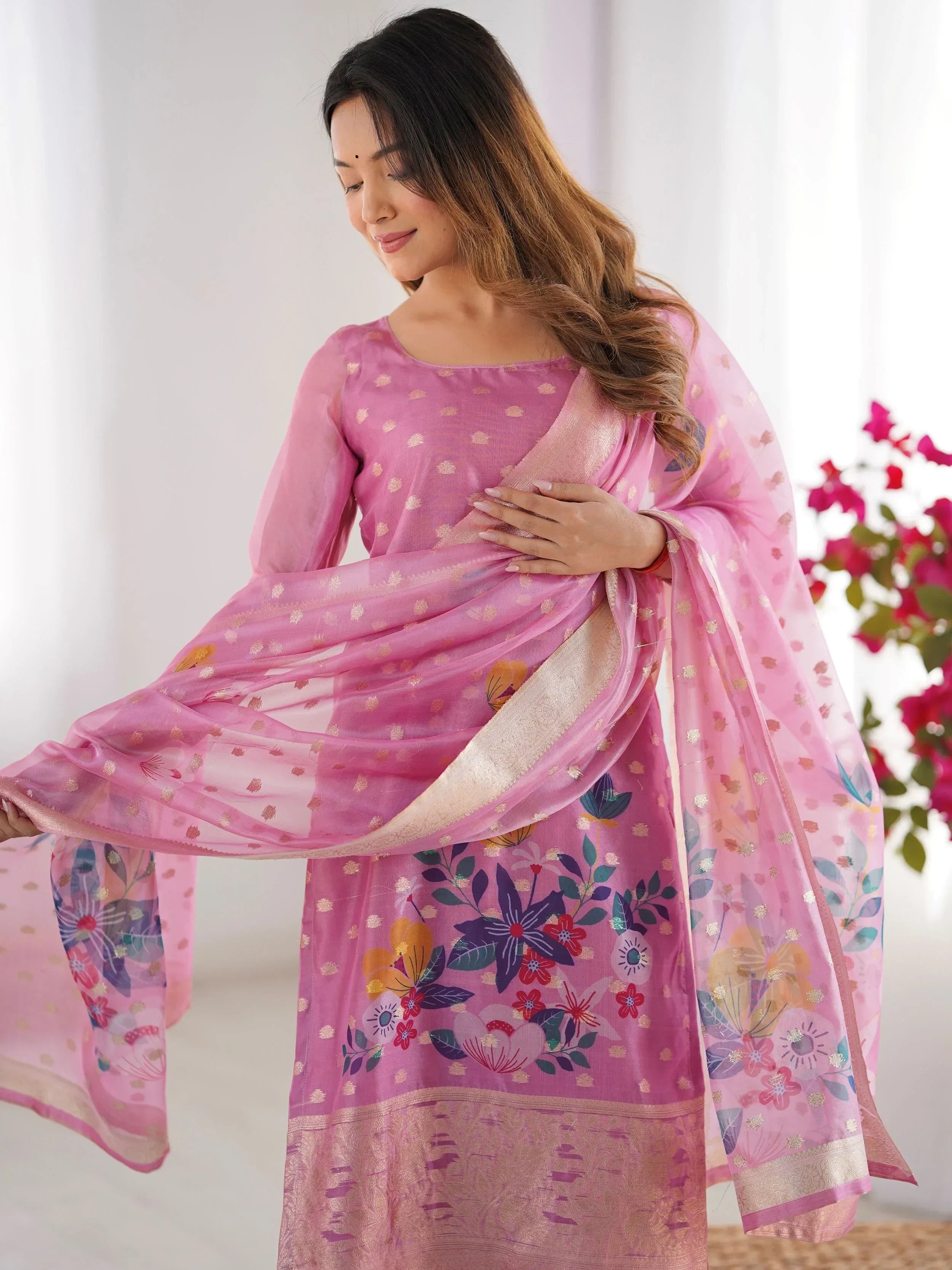 Baby Pink Fascinating Organza Digital Printed Traditional Straight Suit