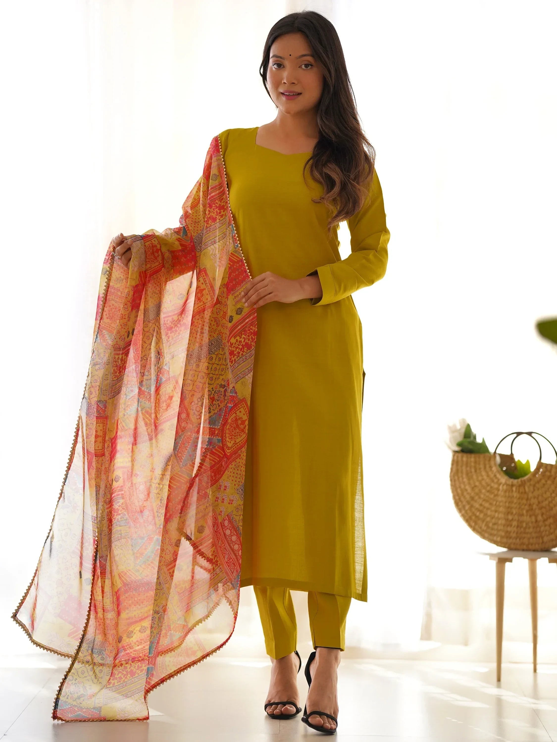 Mustard Wonderful Cotton Festival Wear Straight Kurta With Pant