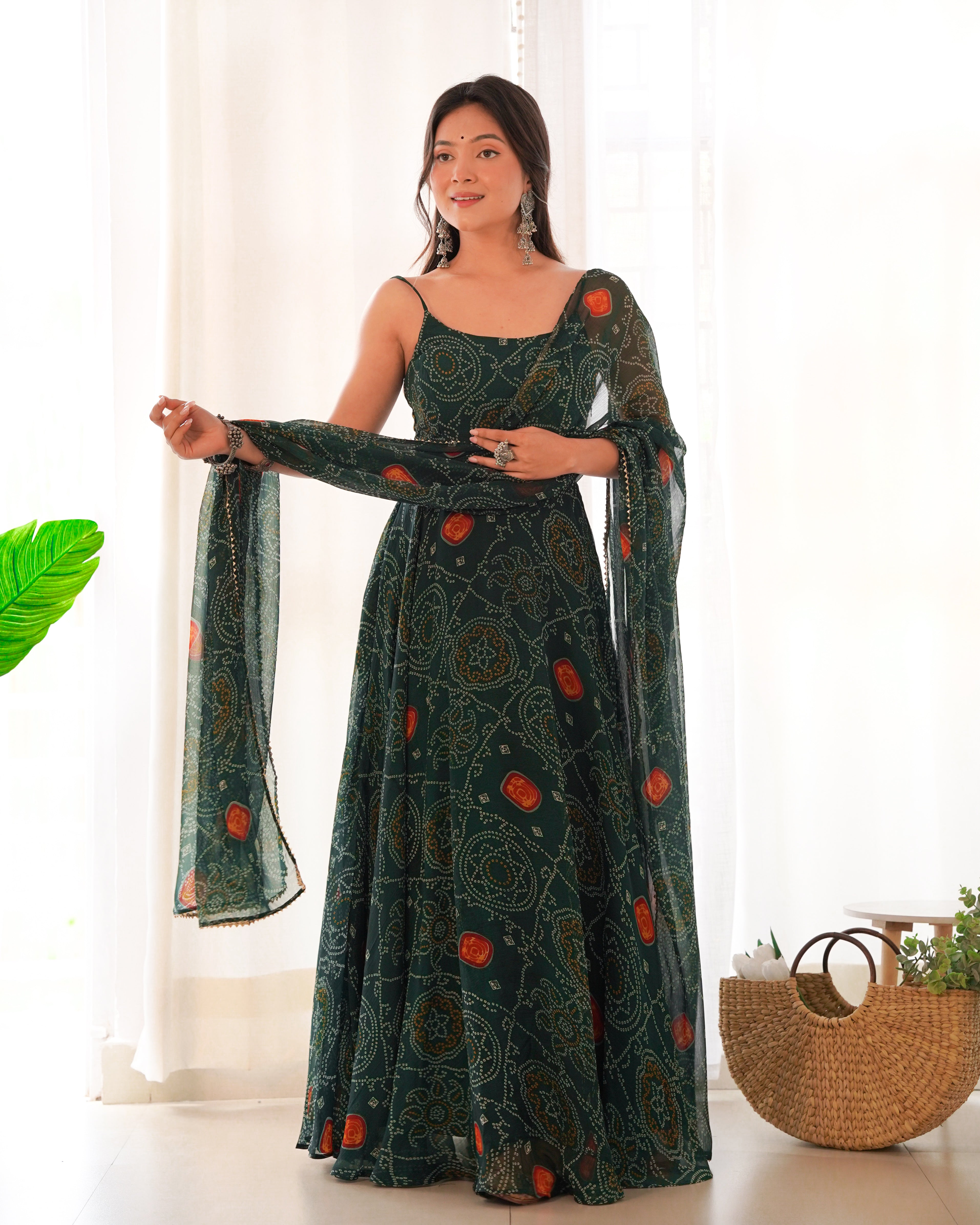 Dark Green Chiffon Lehenga Suit Set with Bandhej Print and Huge Flair for Festive Wear