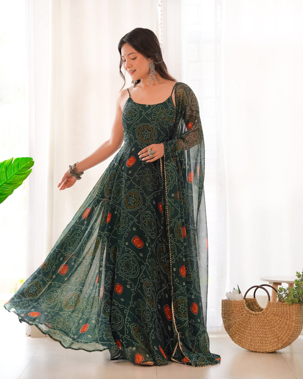 Dark Green Chiffon Lehenga Suit Set with Bandhej Print and Huge Flair for Festive Wear