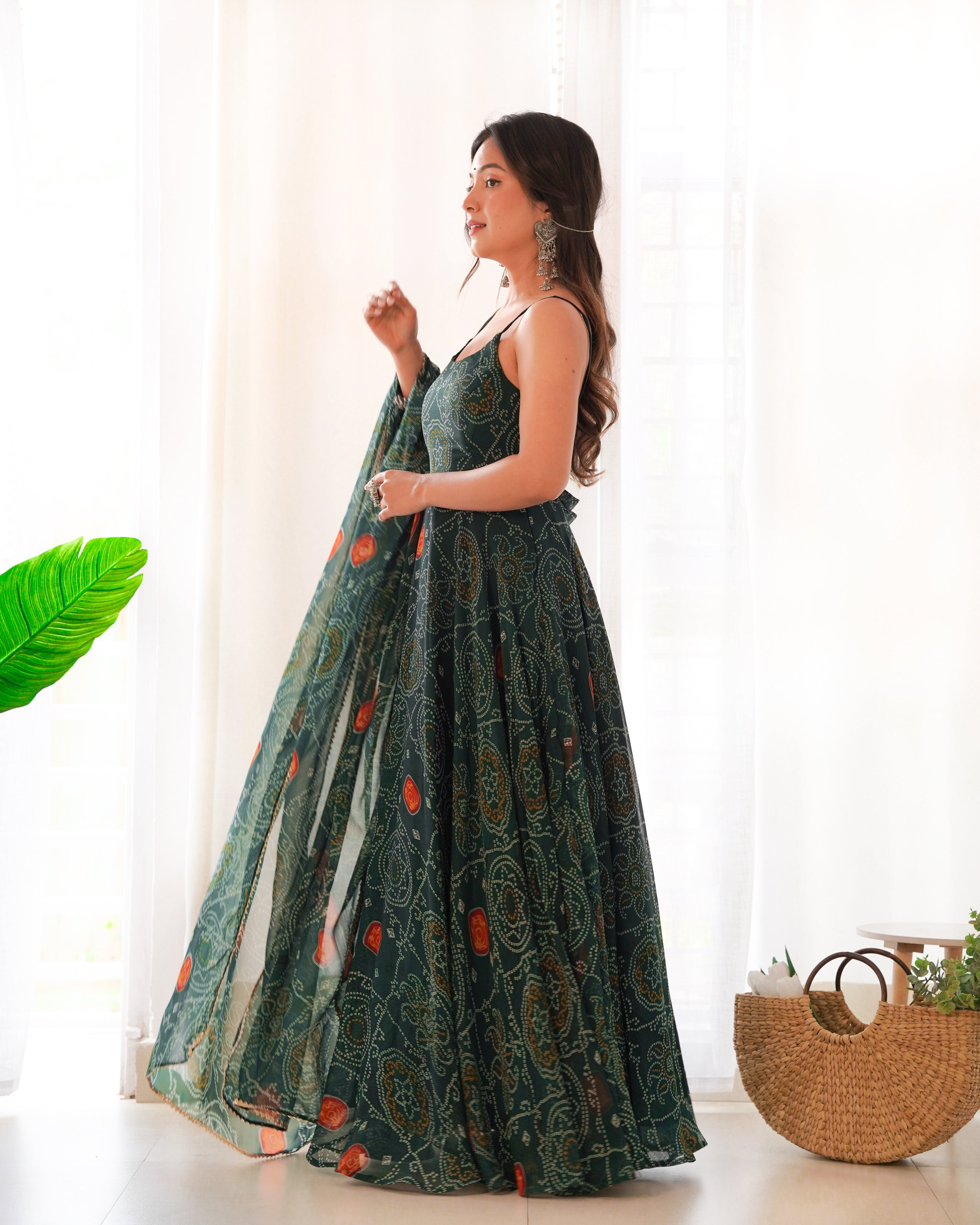 Dark Green Chiffon Lehenga Suit Set with Bandhej Print and Huge Flair for Festive Wear