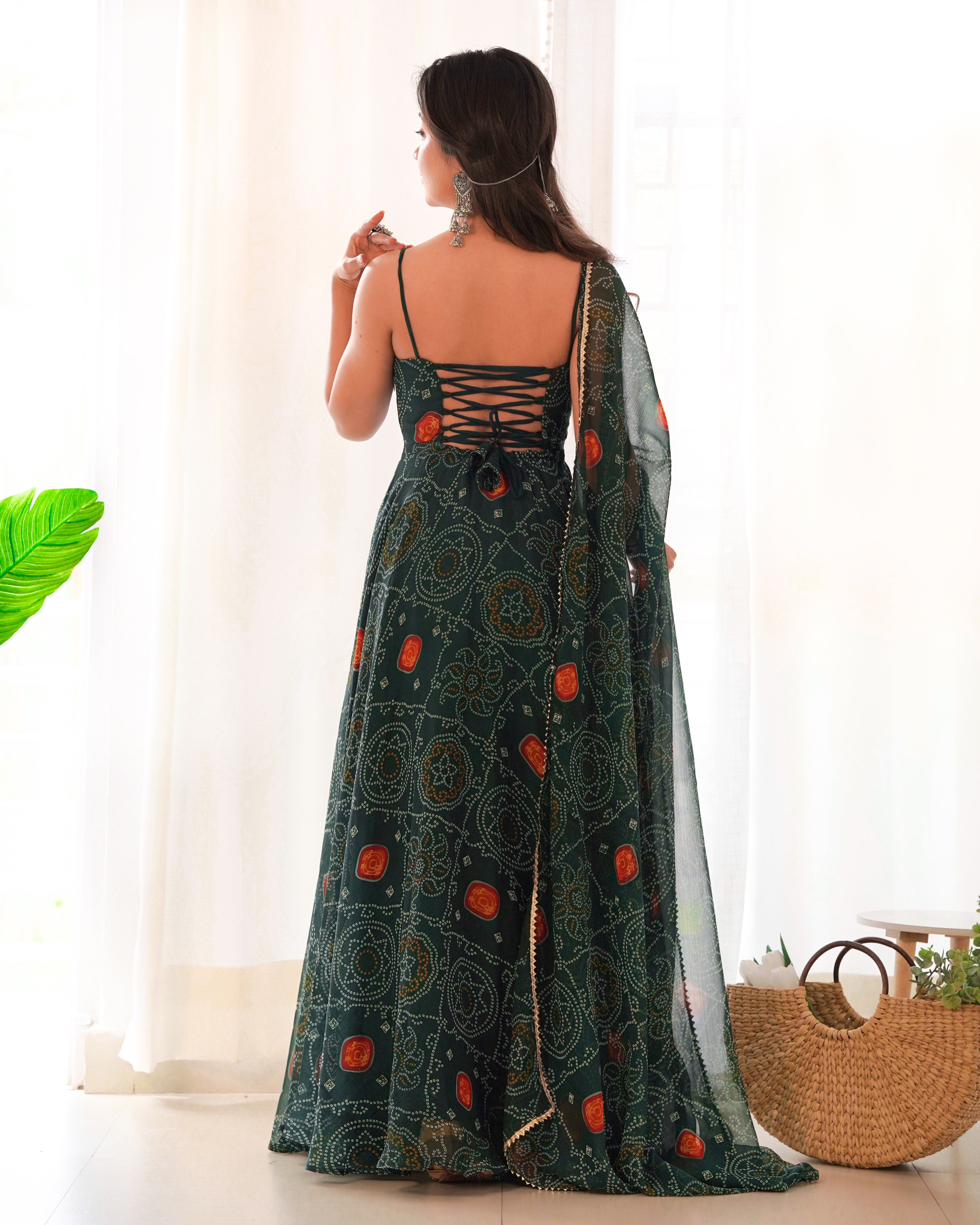 Dark Green Chiffon Lehenga Suit Set with Bandhej Print and Huge Flair for Festive Wear