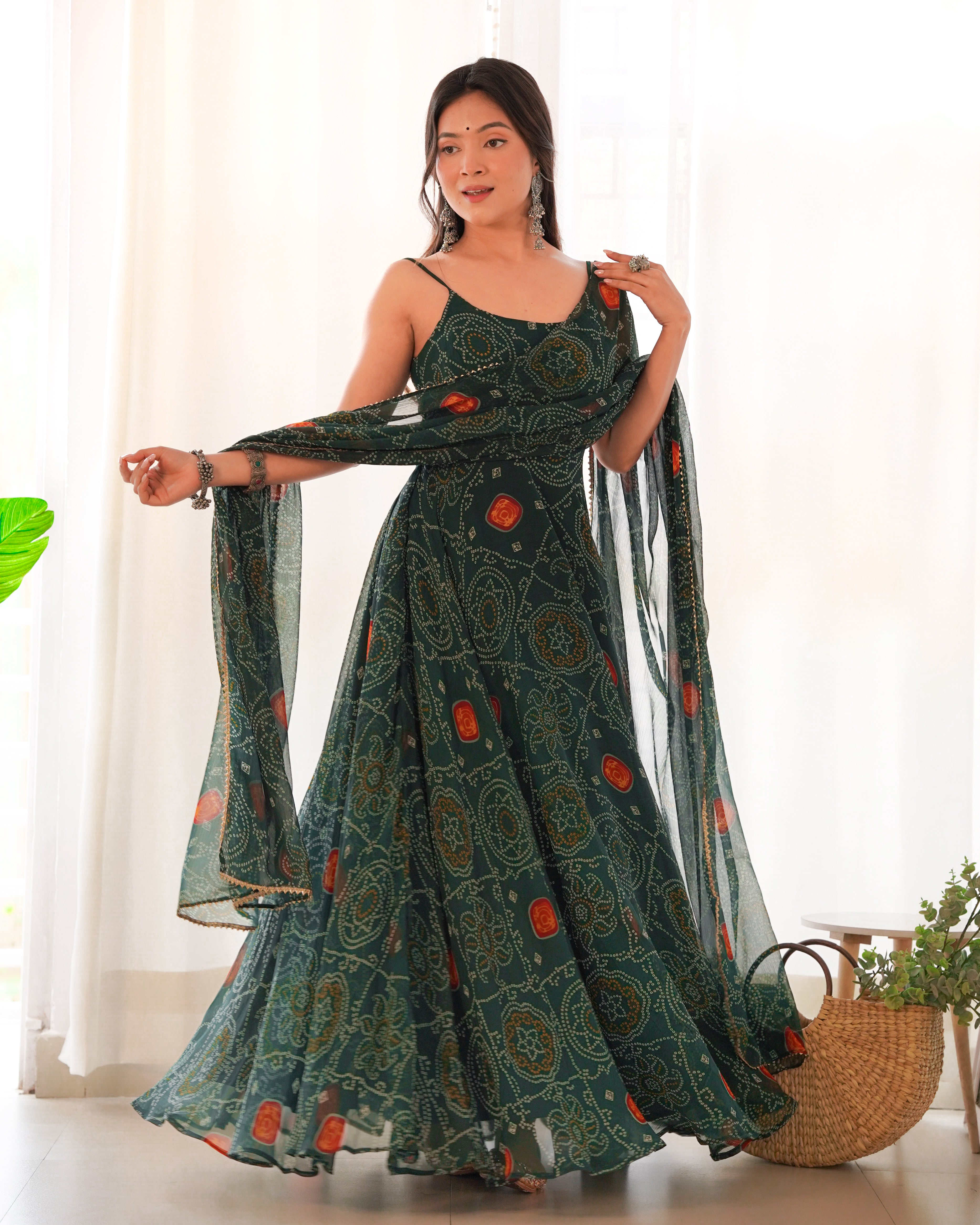 Dark Green Chiffon Lehenga Suit Set with Bandhej Print and Huge Flair for Festive Wear