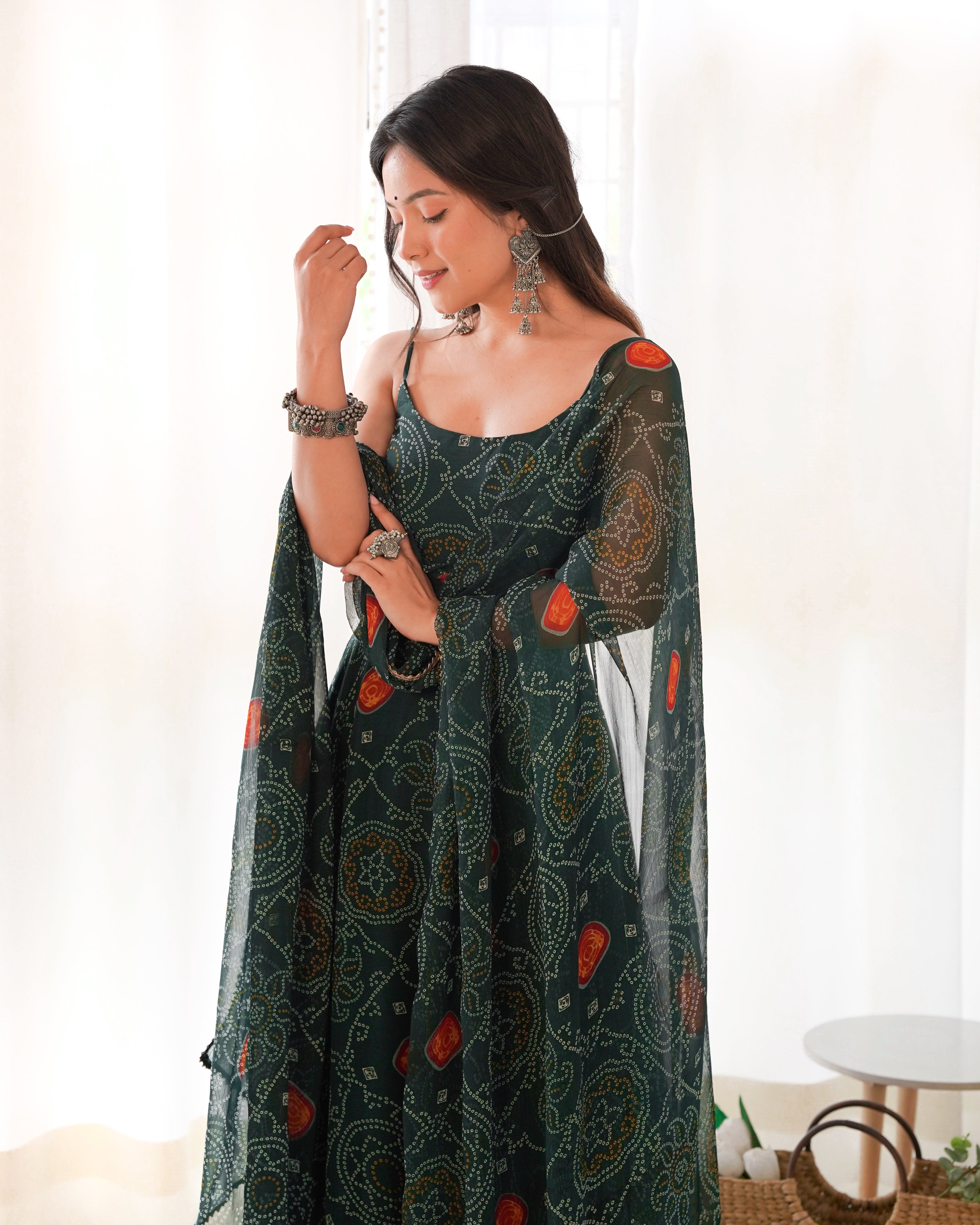 Dark Green Chiffon Lehenga Suit Set with Bandhej Print and Huge Flair for Festive Wear