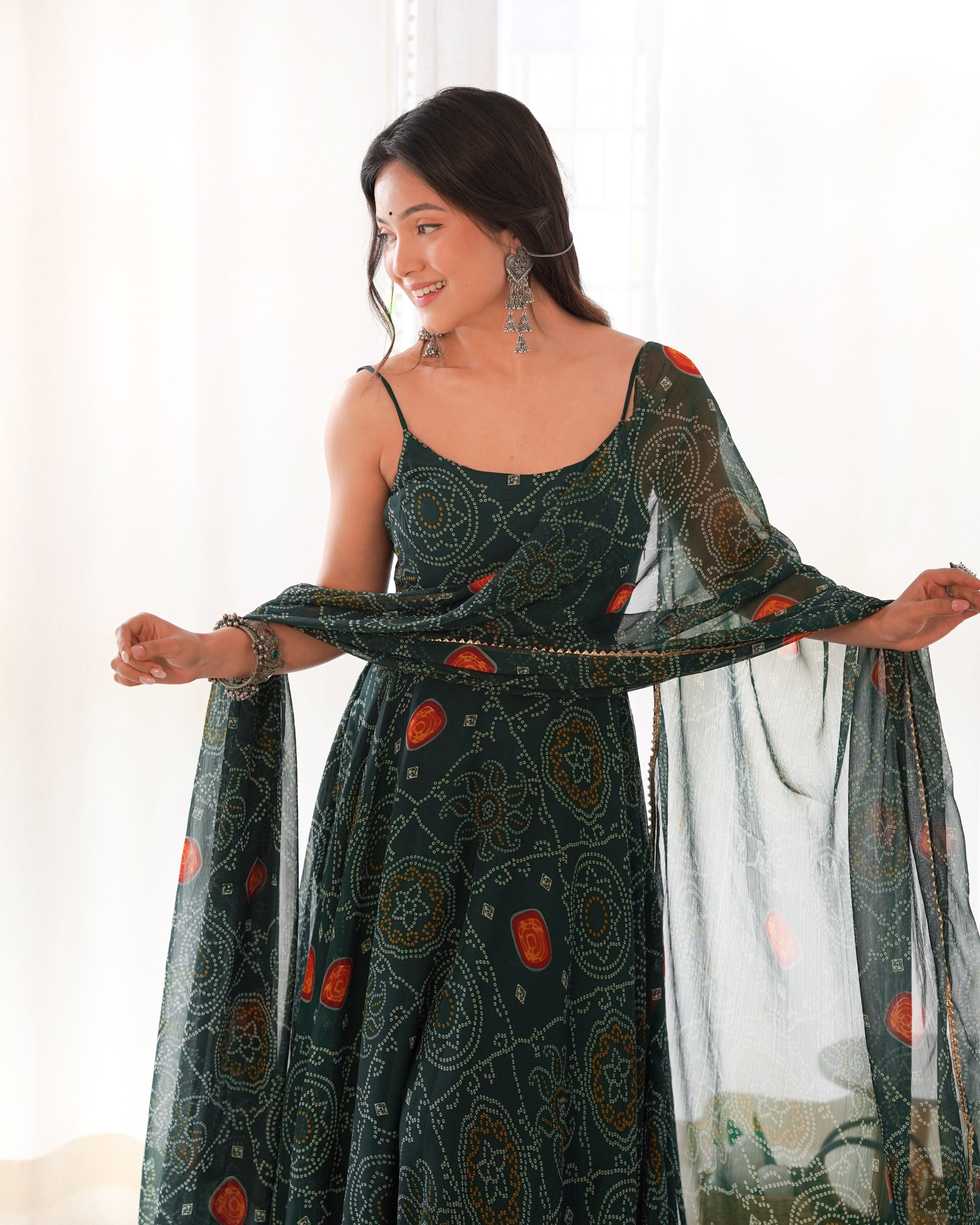 Dark Green Chiffon Lehenga Suit Set with Bandhej Print and Huge Flair for Festive Wear
