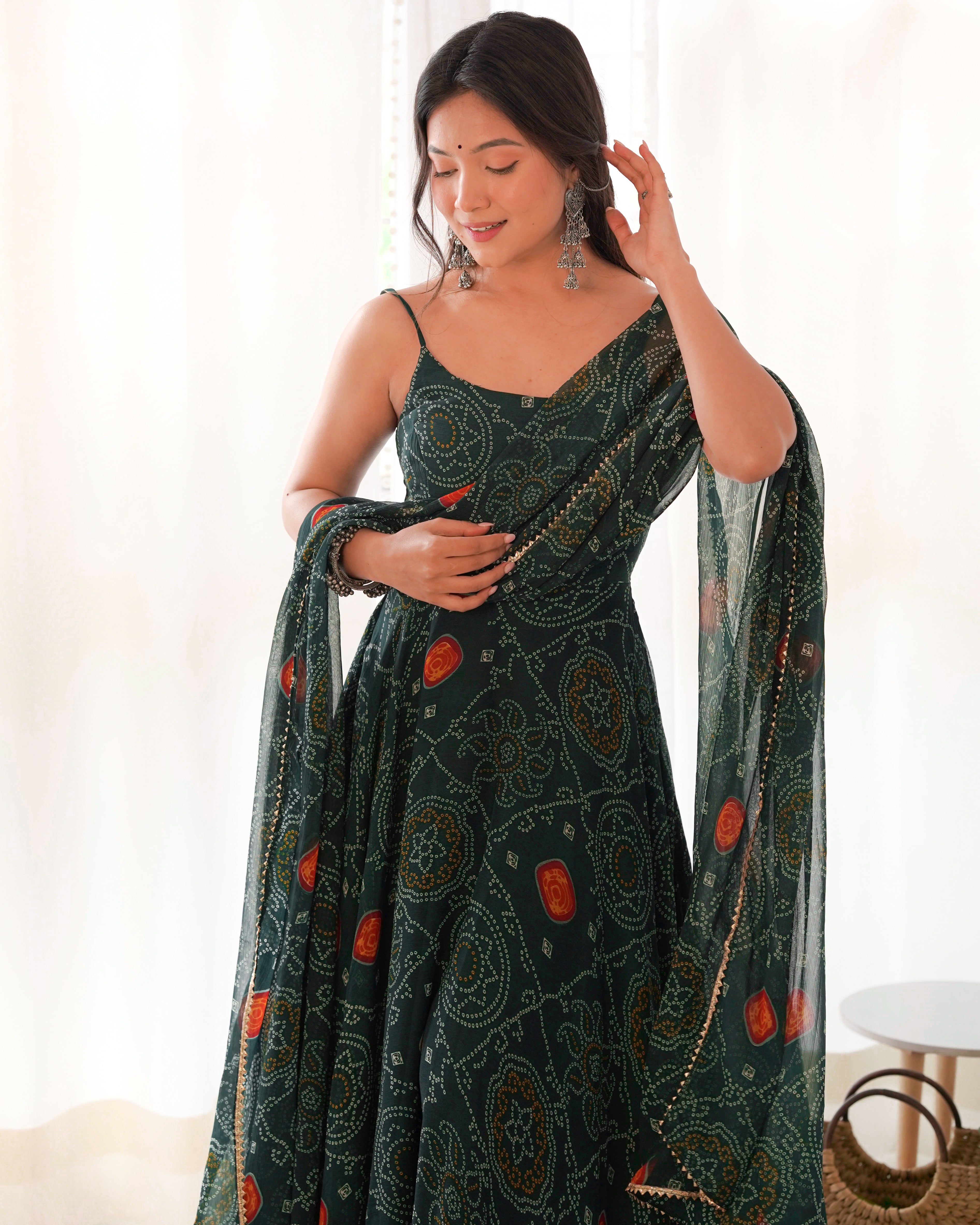 Dark Green Chiffon Lehenga Suit Set with Bandhej Print and Huge Flair for Festive Wear