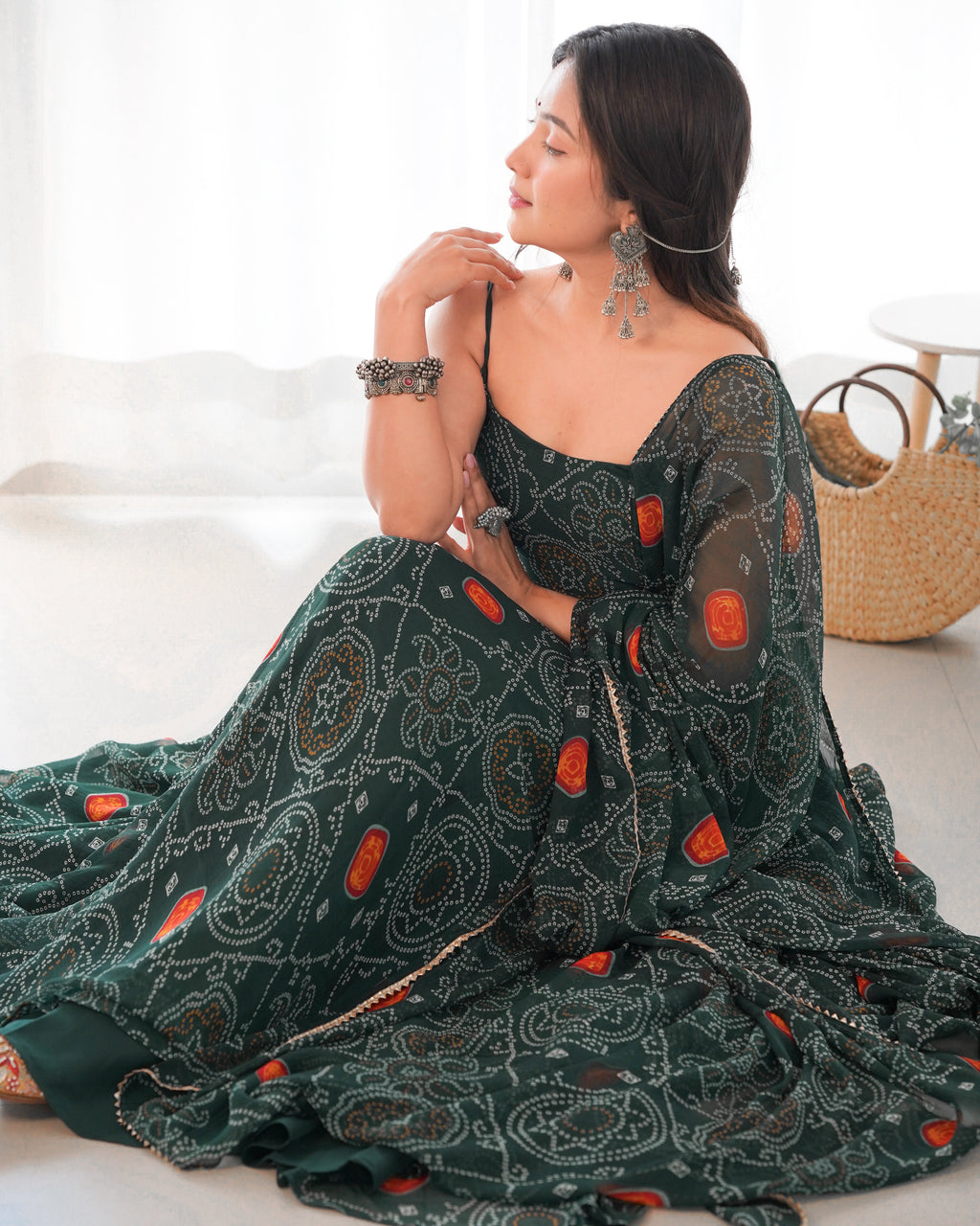 Dark Green Chiffon Lehenga Suit Set with Bandhej Print and Huge Flair for Festive Wear
